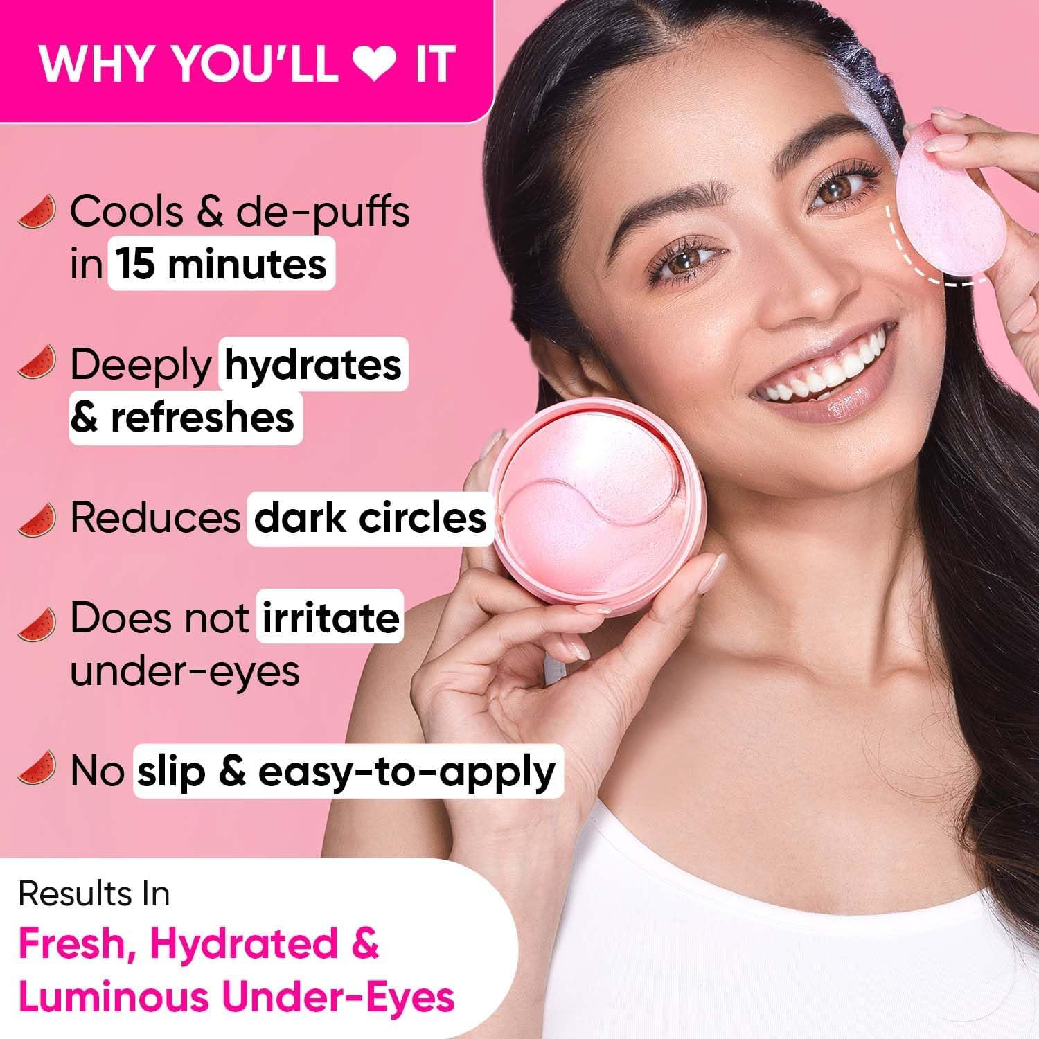 Dot & Key Watermelon Cooling Hydrogel under Eye Patches for Dark Circles & Puffiness Reduction | with Hyaluronic & Niacinamide | Eye Patches | Instantly Hydrates, Cools & De-Puffs | 60 Patches image number 2