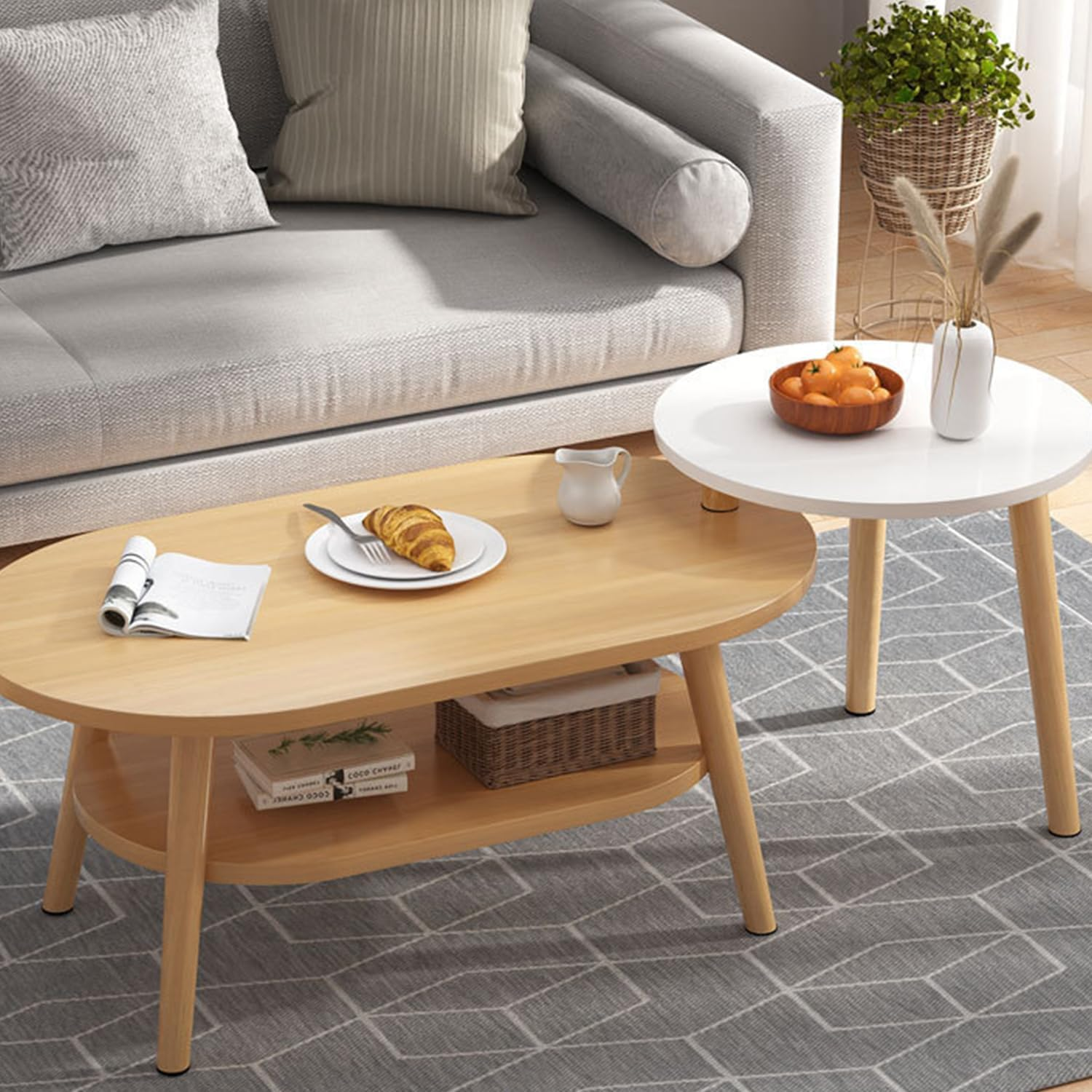 Uandhome Coffee Table-Oval Wood Coffee Table with Open Shelving for Storage and Display 2 Tier Sofa Table, Small Modern Furniture for Living Room&Home (Light Oak)