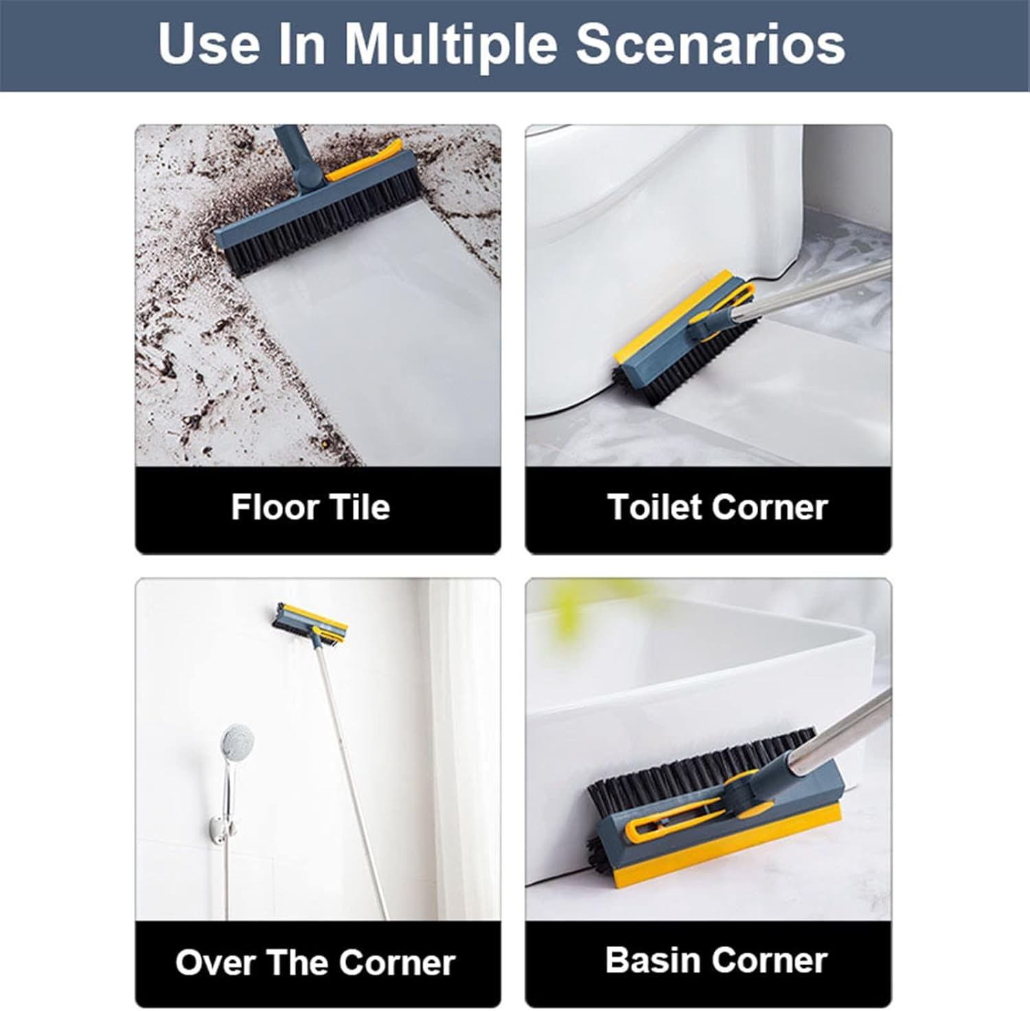 Floor Scrub Brush, 3 in 1 Swivel Grout Brush with V Shaped Corner Squeegee, Cleaning Tools for Cleaning Patio Bathroom Garage Wall Deck Kitchen Tub Tile, 44.48 Inch