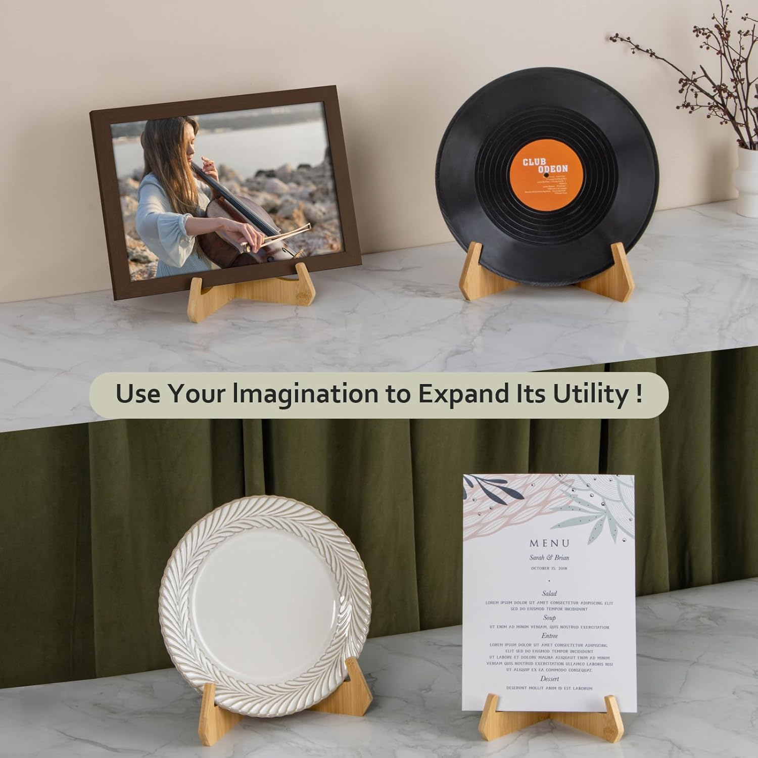 ANBOXIT Plate Stands for Display, 6 Inch Plate Holders for Displaying, Bamboo Picture Frame Holder for Tables, Tabletop Easels, Decorative Stand for Platter, Dish, Book, Photo and Plaque (1 Pack) image number 3