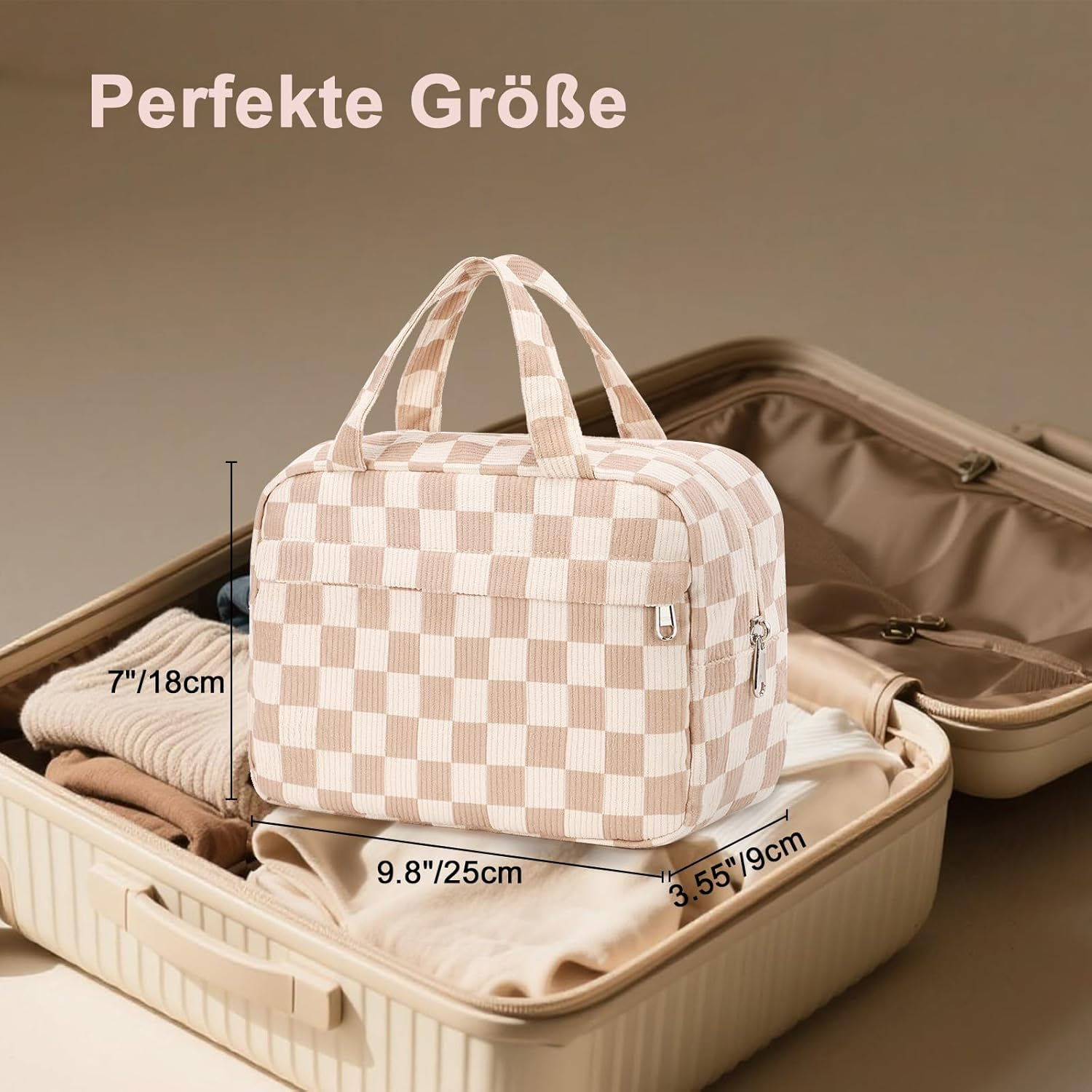 LEDAOU Cosmetic Bag with Inner Compartments, Carry Handle, Water-Repellent Makeup Bag, Corduroy Toiletry Bag, Unisex, Brown-White Grid, Modern