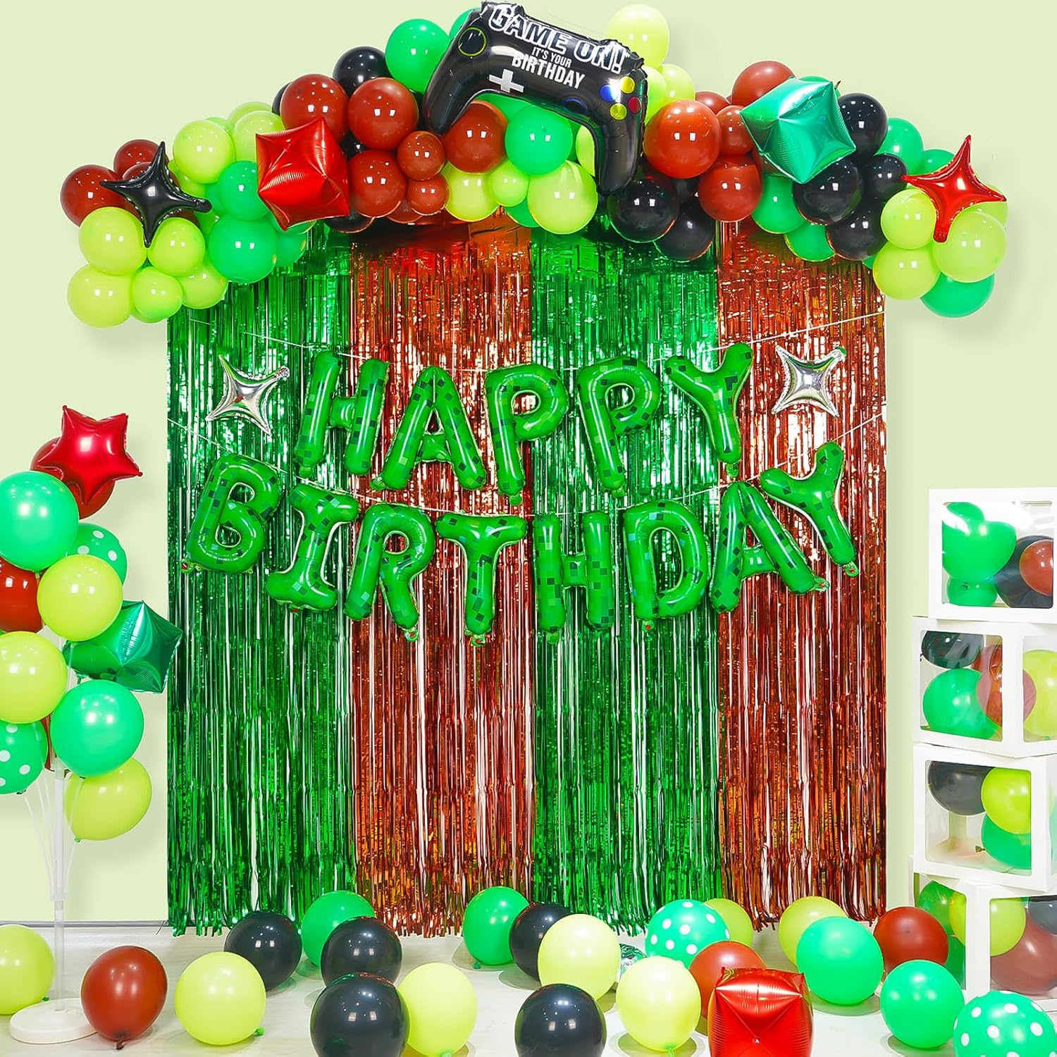 FANGBBO TNT Pixel Happy Birthday Banner Party Decorations Foil Balloons Letters Signs Blast Gaming Party Miner Supplies for Boy Girl