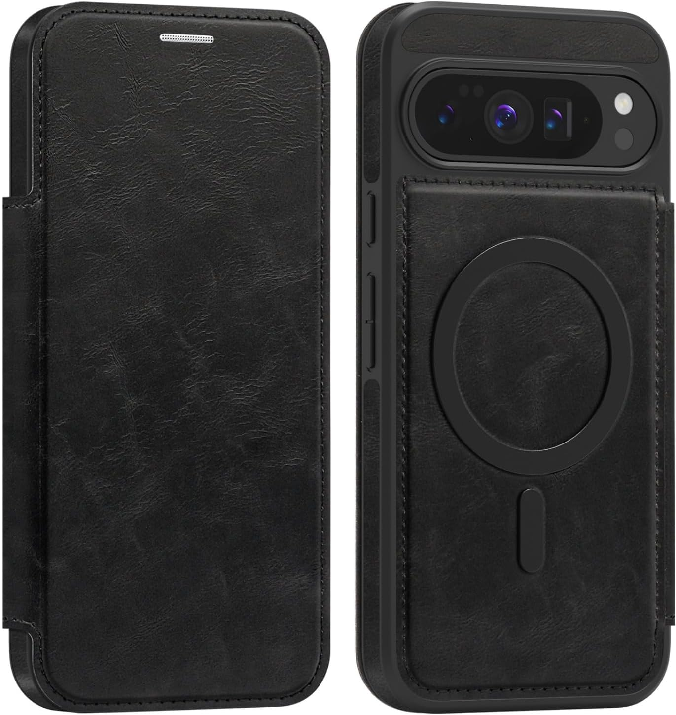 QYFCOU Case for Google Pixel 10 Pro XL Flip Case Compatible with Magsafe, PU Leather Wallet Phone Case with Card Slot and RFID Protection - Black