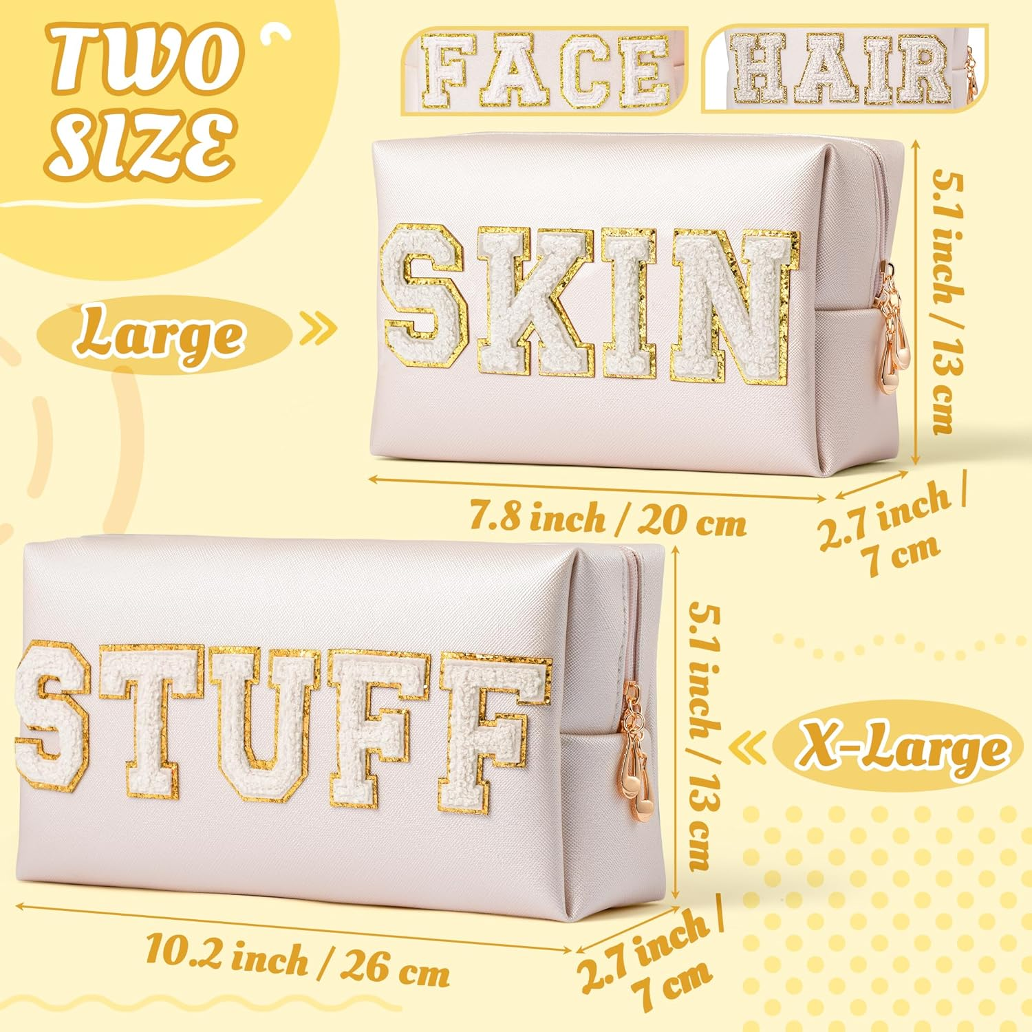 Y1Tvei 4Pcs Preppy Patch Varsity Letter Makeup Bag Sewn with White Skin Hair Face Stuff Chenille Letter Cosmetic Toiletry Bag PU Leather Waterproof Portable Zipper Purse Travel Organizer E1 image number 5