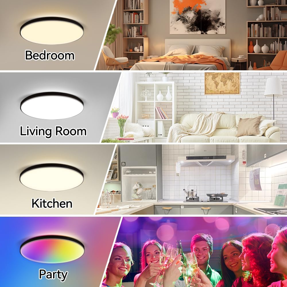 SILAMPDI Led Ceiling Light Wifi Tuya Control, 24W Smart Ceiling Light Black, RGB Mode with Remote Control 16 Million Colors Timer & Memory 3000K-6500K Connect Alex Google Siri for Bedroom Living Room
