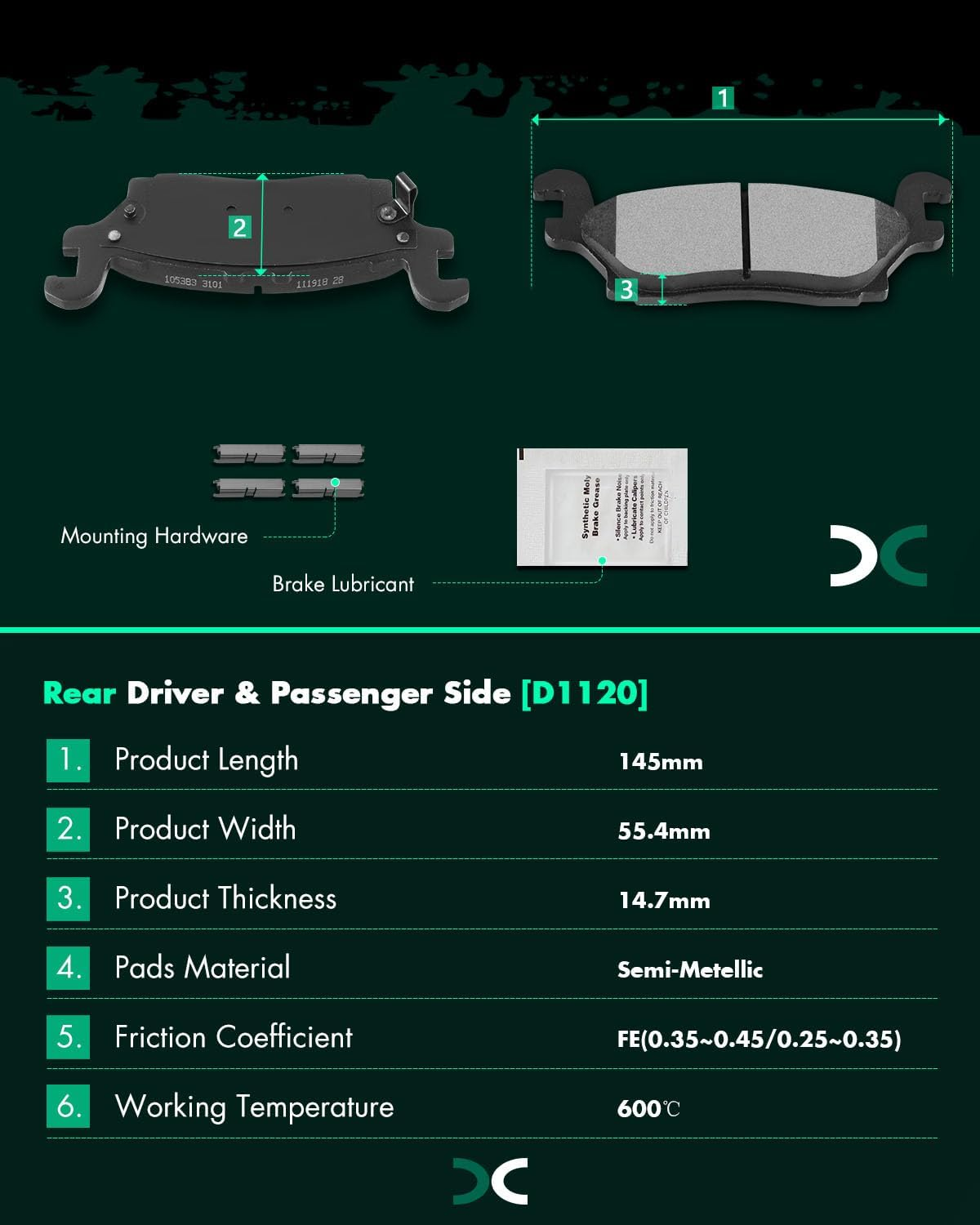 SCITOO D1120 Rear Semi-Metal Brake Pads Sets Fit for Hummer H3 2006-2010,For Hummer H3T 2009-2010 image number 2