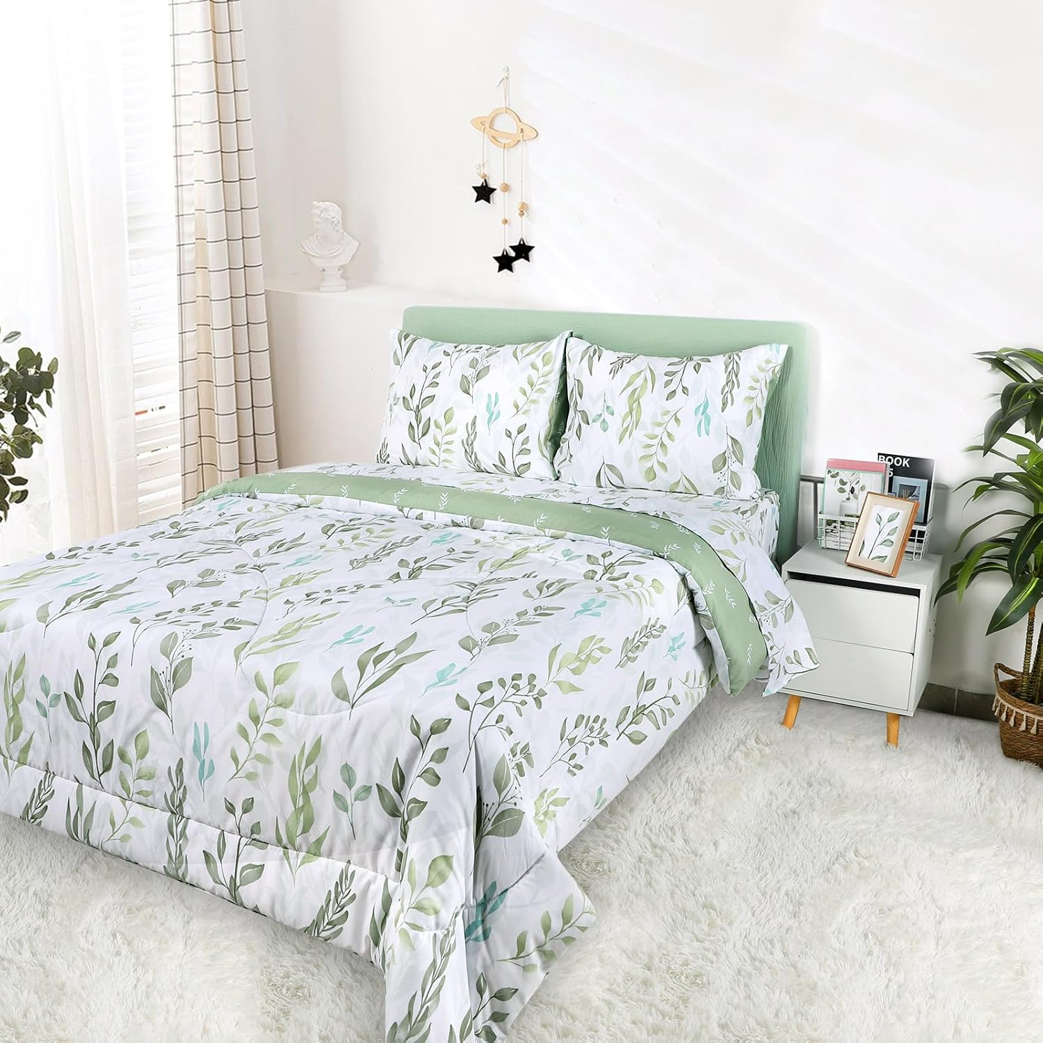 DILIMI Twin Comforter Set for Girls, Reversible 5 Pieces Comforter Twin Size Bed, Green Leaf Ultra Soft Twin Bedding Sets with Comforter, Flat Sheet, Fitted Sheet, 2 Pillowcase - Green Leaf image number 4