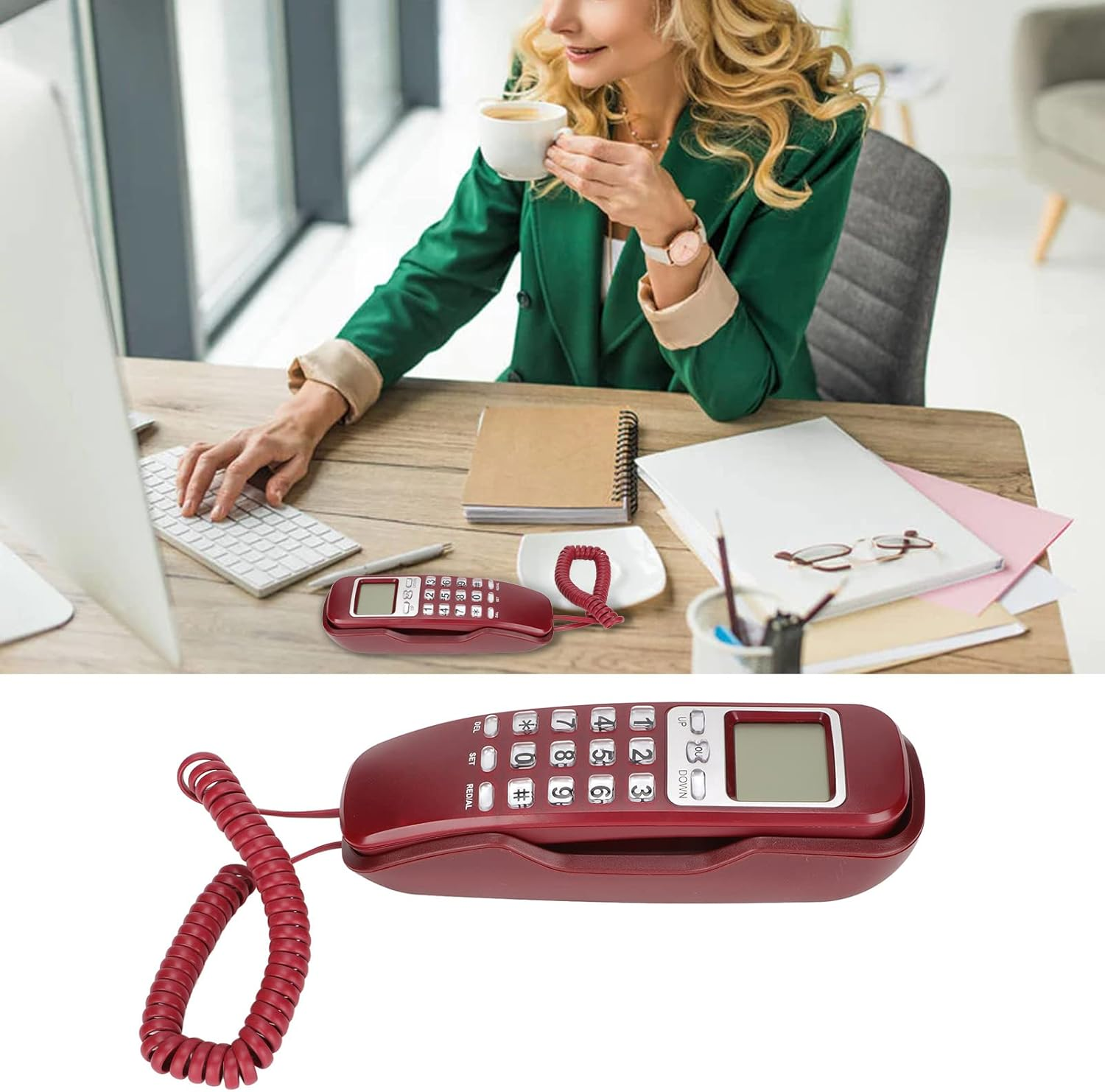 Retro Wall Phone Multifunctional with LCD Display Flash Redial Ringtone Calendar Mountable for Kitchen Living Room Bedroom Home Office ABS (Red) image number 2