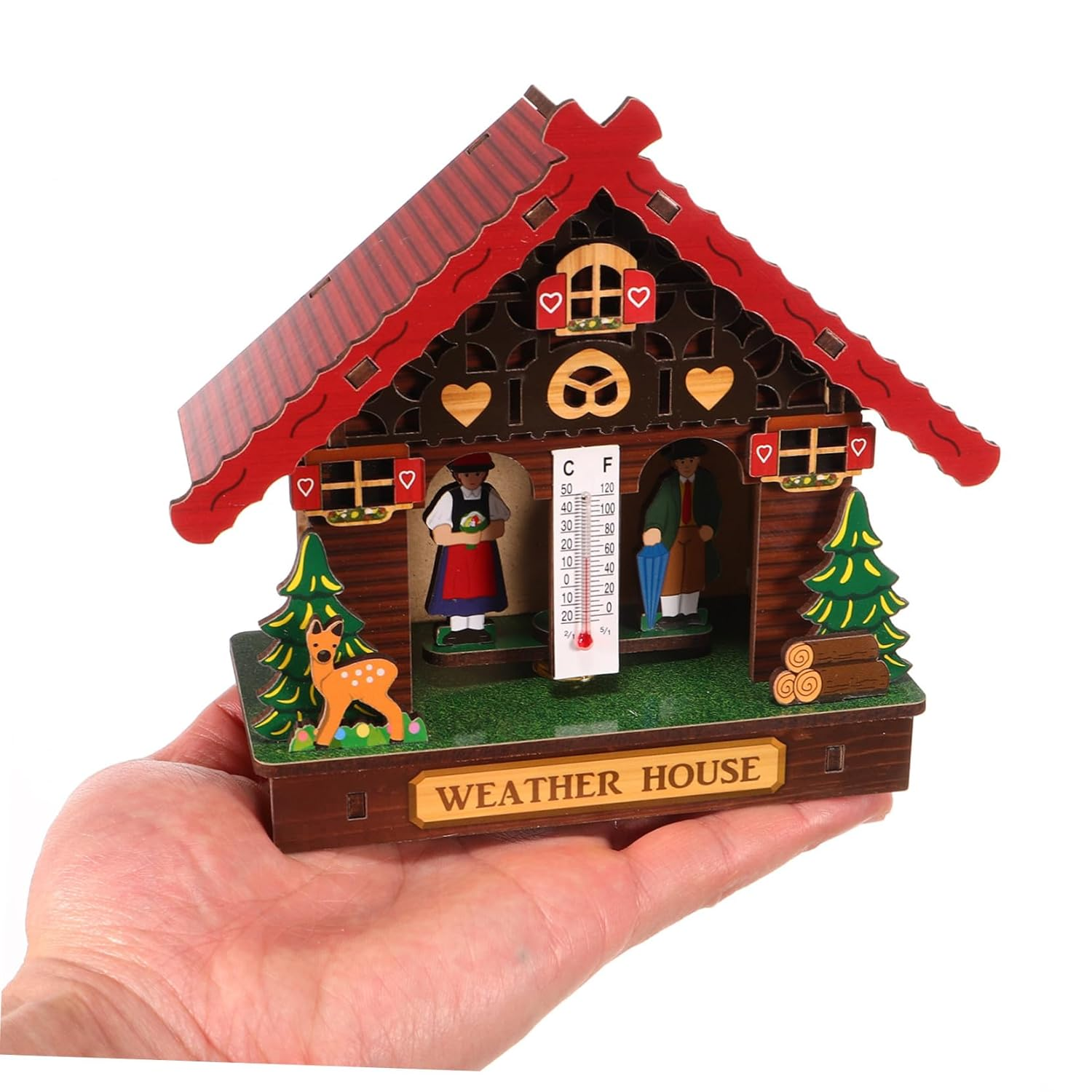 Weather House Wooden Barometer Thermometer Hygrometer Wall Mounted Indoor Outdoor Home Weather Station with Temperature Humidity Display Easy Battery Setup Stylish Wall Decoration image number 2