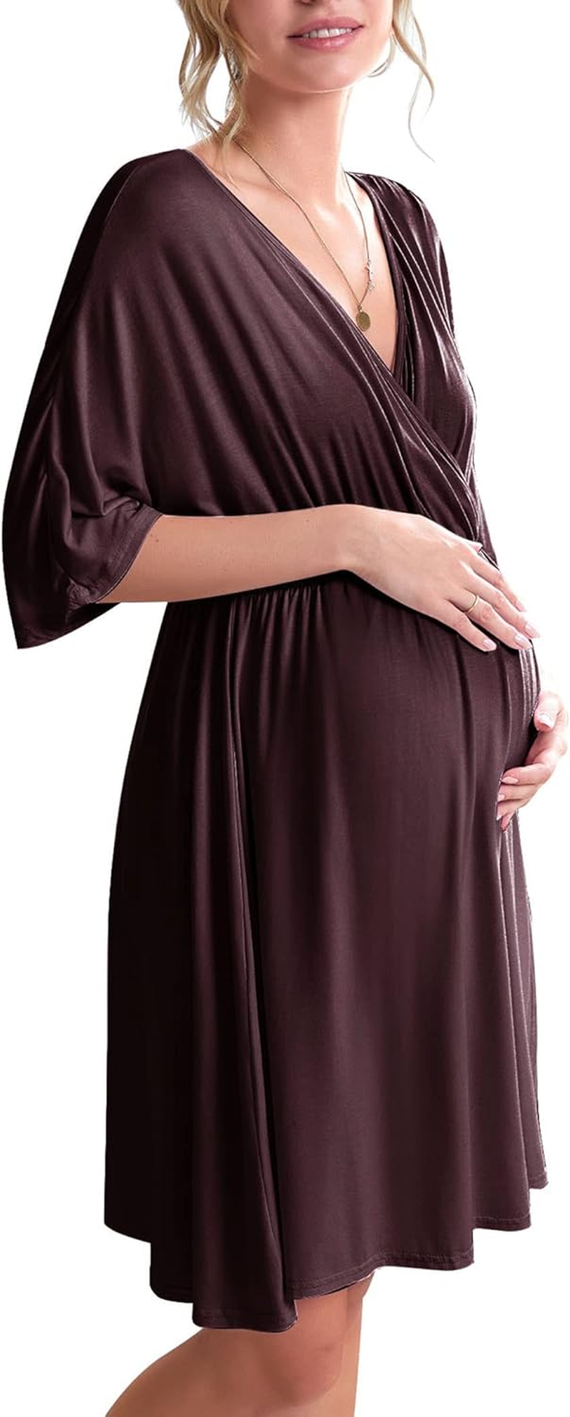 Ekouaer Women Maternity Nursing O-Neck Short Sleeve Blend Tie Front Pregnant Sleepwear Dress S-XXL image number 4