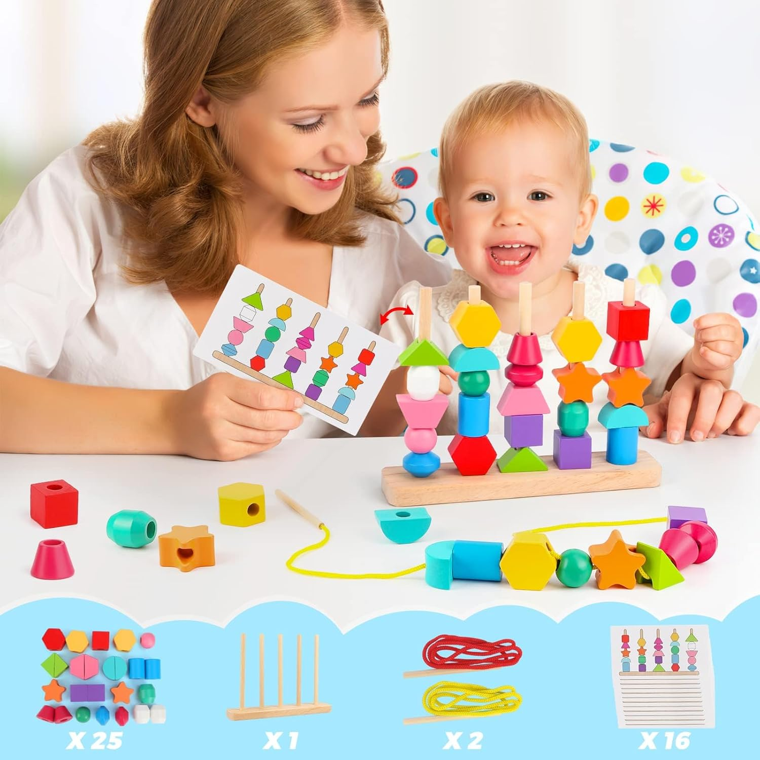 Montessori Wooden Beads Sequencing Toy Set, XICEN Stacking Blocks & Lacing Beads & Matching Shape Stacker for 3+ Year Old STEM Preschool Learning Montessori Toys Gifts for Kids Boy Girl image number 2