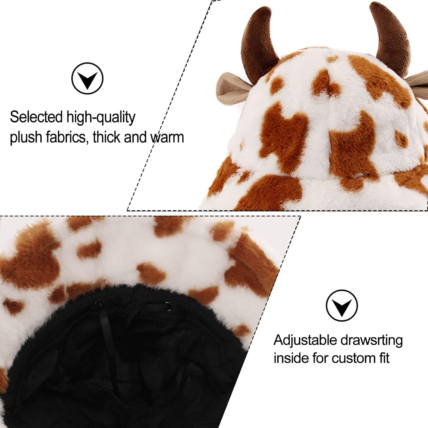 Unisex Fluffy Cow Bucket Hat with Horns Plush Bucket Hat for Women, Teens Winter Funny Fisherman'S Hat - Brown image number 4