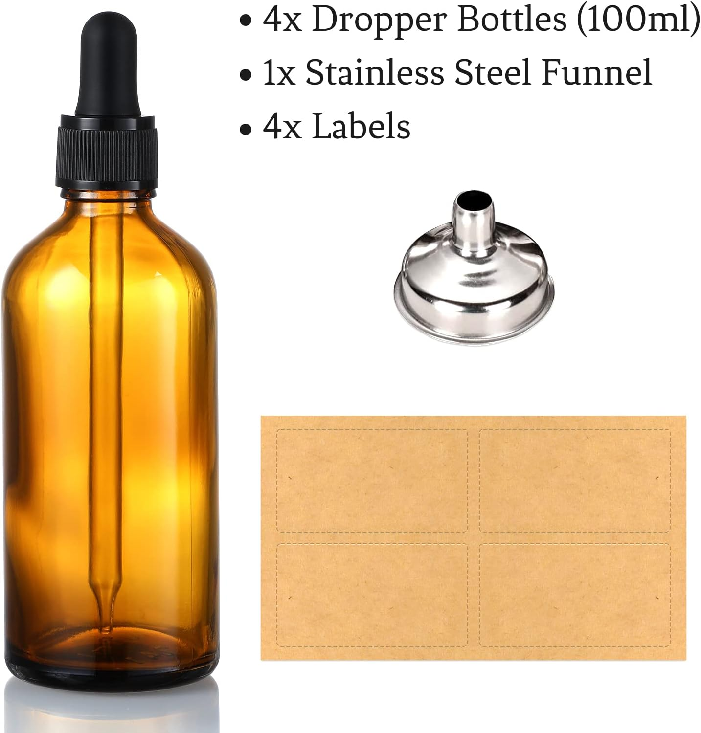AOZITA 4 Pack, 100Ml Dropper Bottles with 1 Funnel & 4 Labels - Essential Oils Bottles for Health, Personal Care & Beauty - 3.4Oz Thick Dark Amber Glass Tincture Bottle with Eye Droppers, Leakproof image number 4