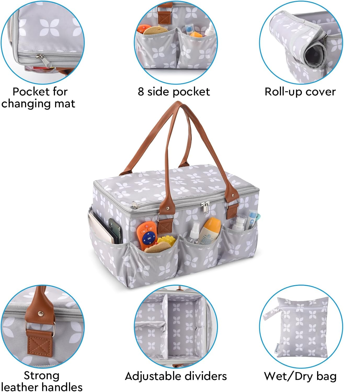 Moteph Diaper Caddy Organizer - Baby Caddy with Lid & Changing Mat, Car Diaper Caddy, Large Nursery Storage Diaper Tote Basket for Changing Table with Zip-Top Cover, Great for Baby Showers - Grey