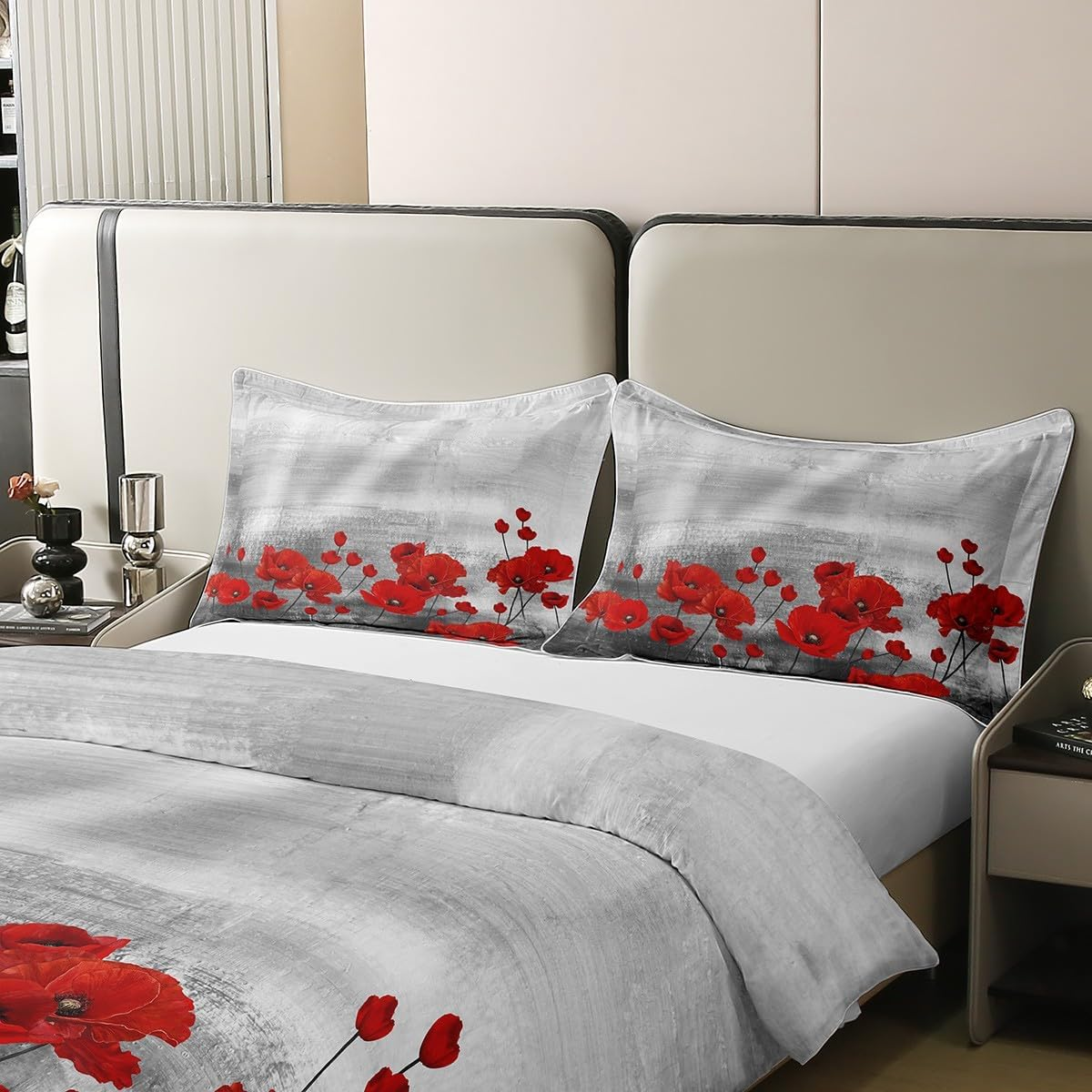 Loussiesd Red Poppies Bedding Set Watercolour Flower Art Bedding Set 135 X 200 Cm 100% Cotton for Women Adults Girls Duvet Cover Romantic Botanical Nature Duvet Cover Set Grey Red image number 6