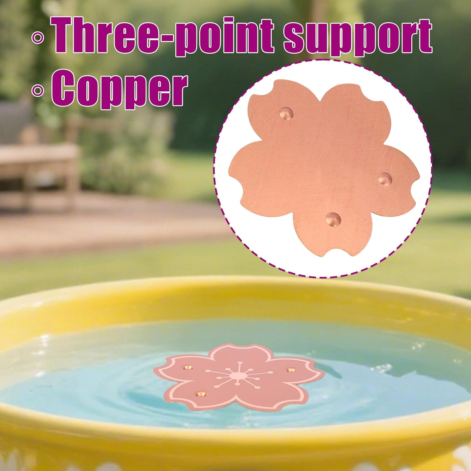 Penitue Copper Bird Bath Disk, 3.94In Flower Shape Triple-Point Support Bird Bath Purification Disc Birdbath Cleaner for All-Season Safe Water Purifier for Outdoor Bowls image number 2