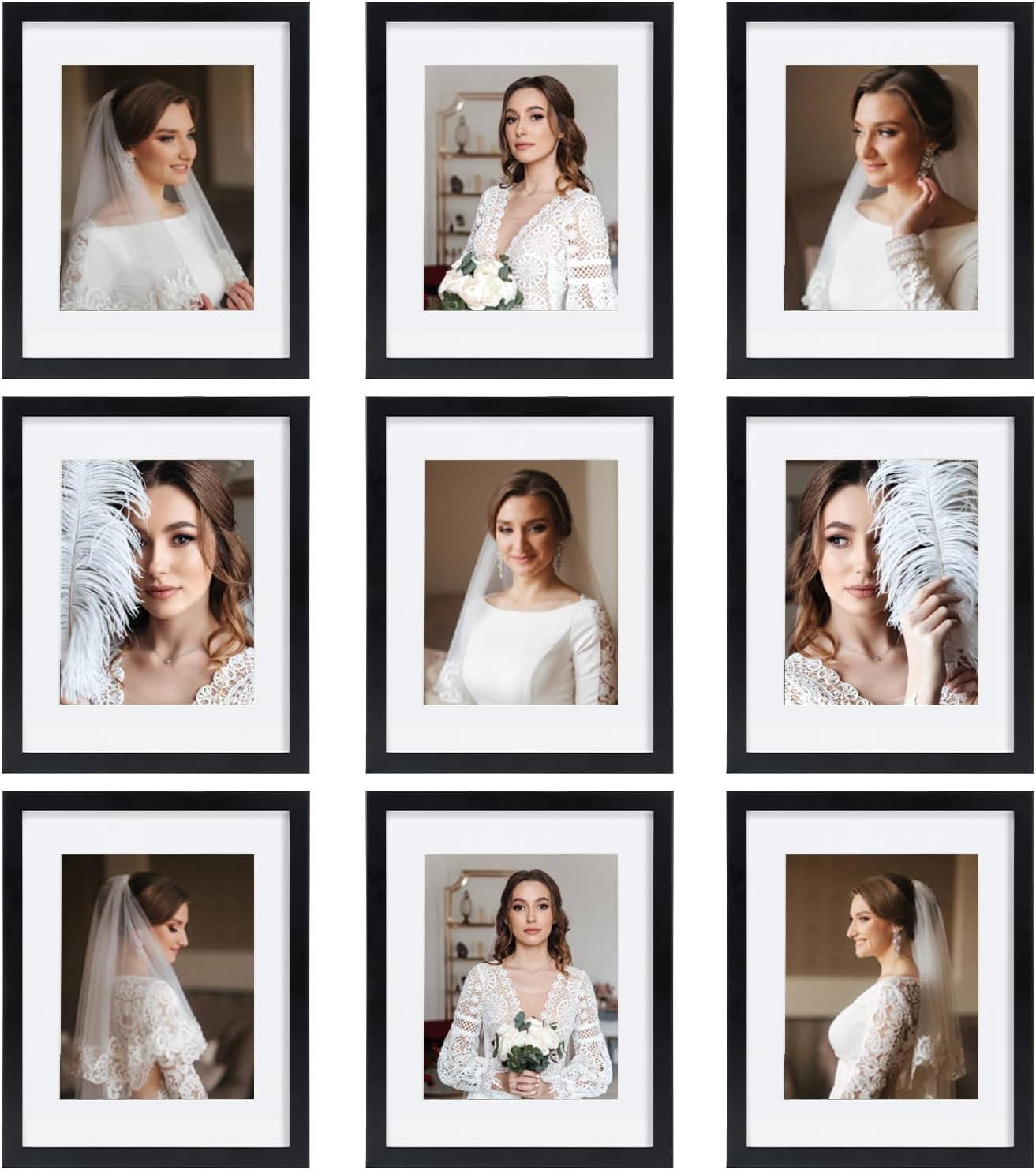 BSRHOME 12X12 Picture Frame Set of 9, Display Pictures 8X8 with Mat or 12X12 without Mat, Multi Collage Gallery Square Photo Frames for Wall or Tabletop, White