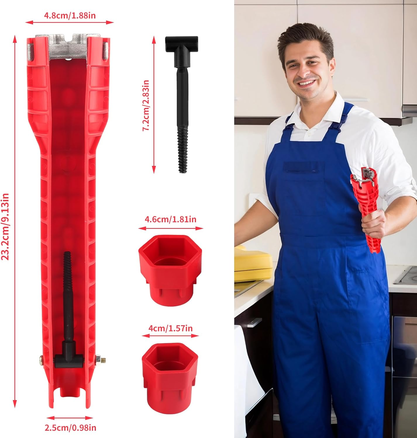 Eukyplace Plumbing Tools 8-In-1, Multifunctional Faucet and Sink Installer Pipe Wrench, Professional Plumbing Wrench for Bathroom & Kitchen, Compatible with Spanners & Wrenches (Red)