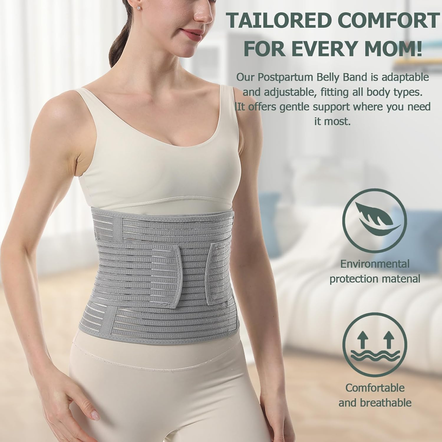 Postpartum Belly Band - Abdominal Binder & Belt for Post Partum Recovery, Adjustable Abdominal Binder and Pelvic Support, Breathable Bamboo Belly Wrap for C Section, Back Pain Relief (Gray, L/XL) image number 4