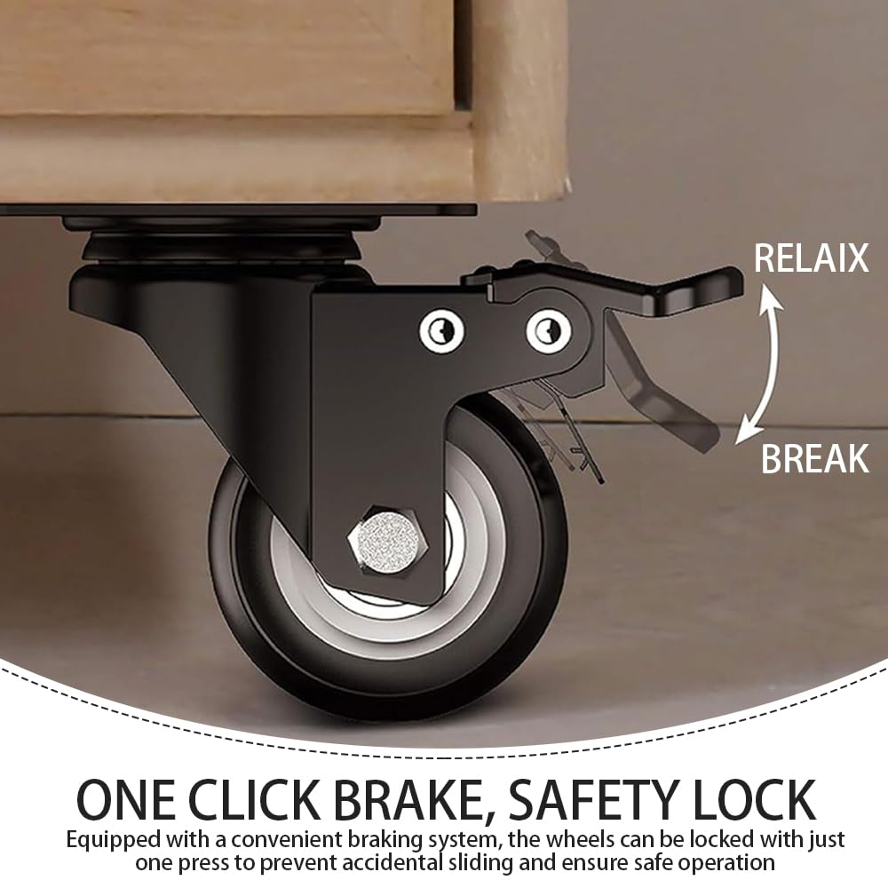 4PCS Castor Wheels - 60MM Swivel Castwer Wheels with Brake, No Floor Marks-Noiseless Castor Wheels with Heavy Duty Wheels Set of 4 for Furniture Work Bench