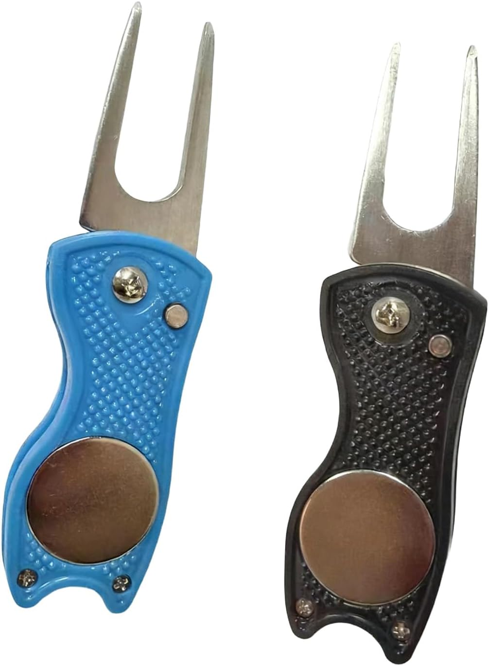 2Pcs Golf Divot Repair Tool, Foldable Golf Turf Repair Fork & Magnetic Ball Marker, Practical Golf Accessories, Golf Metal Putting Green Fork (Black and Blue)