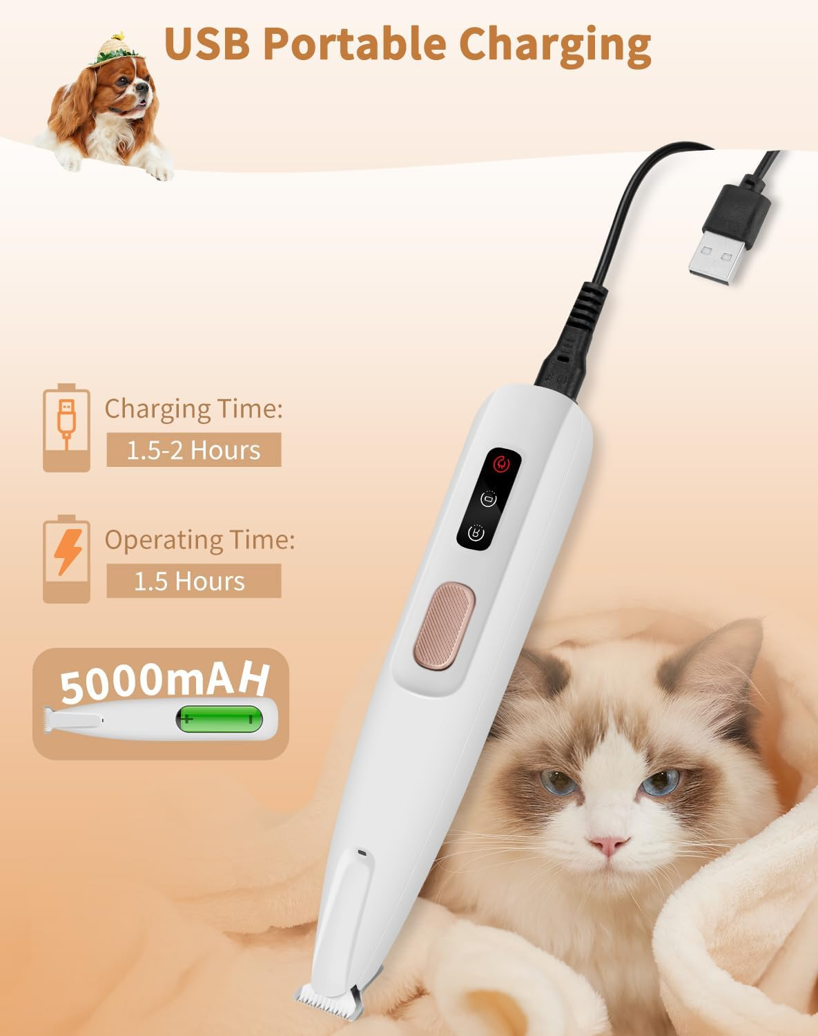 Saffory Paw Trimmer with LED Light, Ultra-Low Noise Saffory Dog Trimmer Grooming Kit with Replacement Blades, Waterproof Rechargeable Pet Hair Clippers for Small Dogs Cats Paws, Eyes, Ears, Face, Rump image number 4