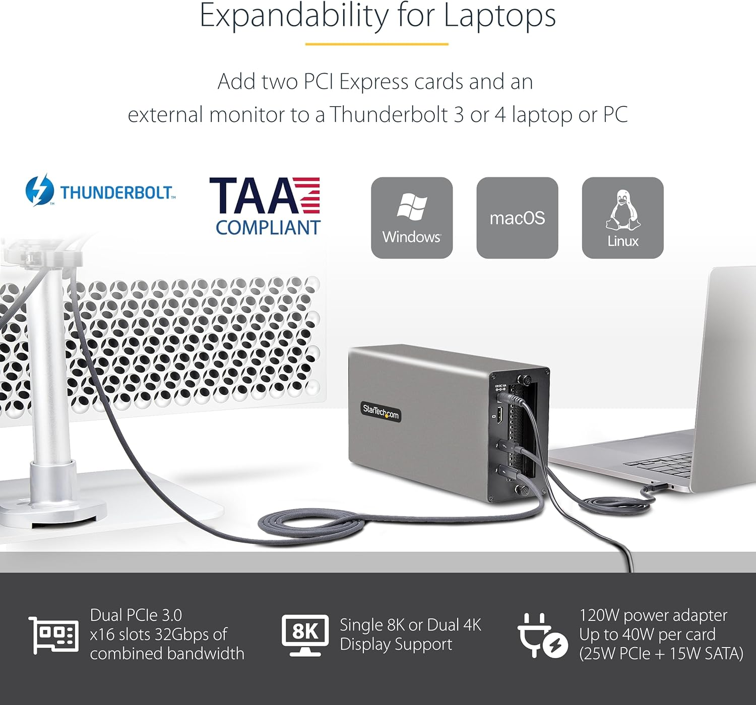 Startech.Com Thunderbolt 3 Pcie Expansion Chassis, External Enclosure W/Dual PCI Express Slots, Pcie Box for Laptops/Desktops/All-In-Ones, 8K/4K Output via TB3/DP 1.4 , TAA (2TBT3-PCIE-ENCLOSURE) image number 3