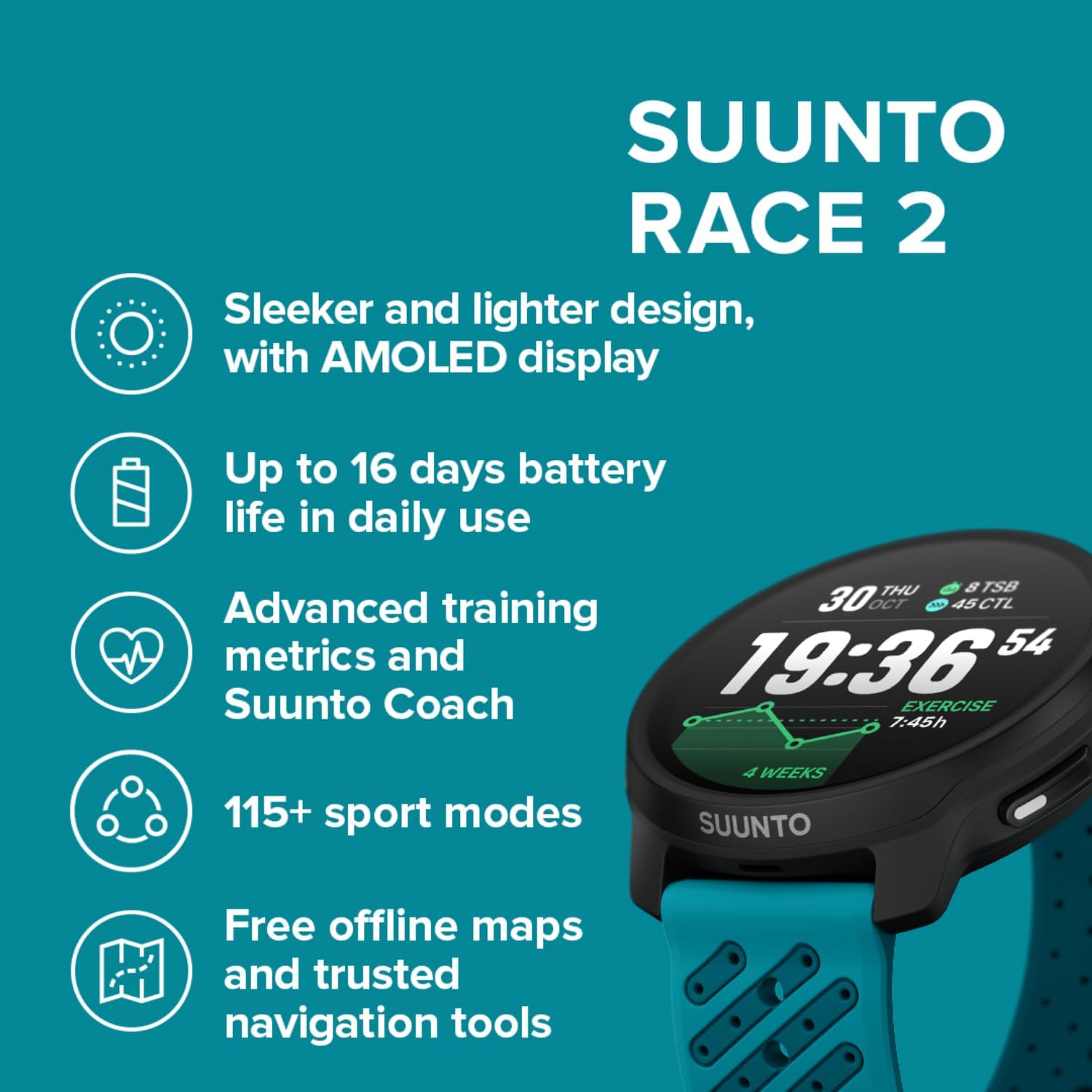 SUUNTO Race 2 GPS Sport Watch, 49Mm 1.5' AMOLED Touchscreen, Sleeker and Lighter Design, 16-Day Battery Life, Offline Maps, Accurate Navigation, 115+ Sport Modes, Wave Blue - All Black image number 3
