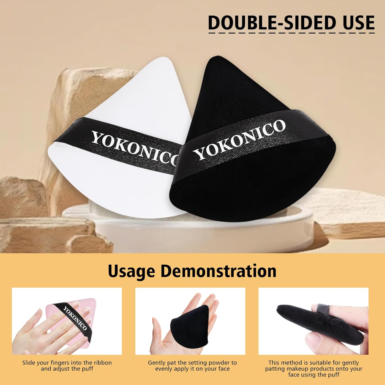 YOKONICO Triangle Powder Puff, 10 Pack Soft Velour Makeup Puffs for Loose Powder, Cotton Sponges Puff for Face Cosmetic Foundation, Mineral Wet Dry Makeup Tools (Black&White) image number 1