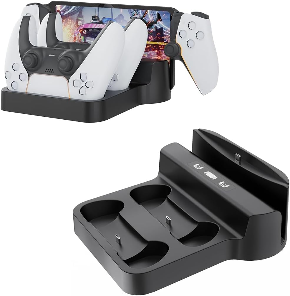 Charger Station Forps5 Controller PS5 Portal，2 in 1 Charging Dock Stationfor Playstation PS5 Portal Controller & Remote Player Charging Stand with 2 Type C Plug and Cable (Black) image number 1