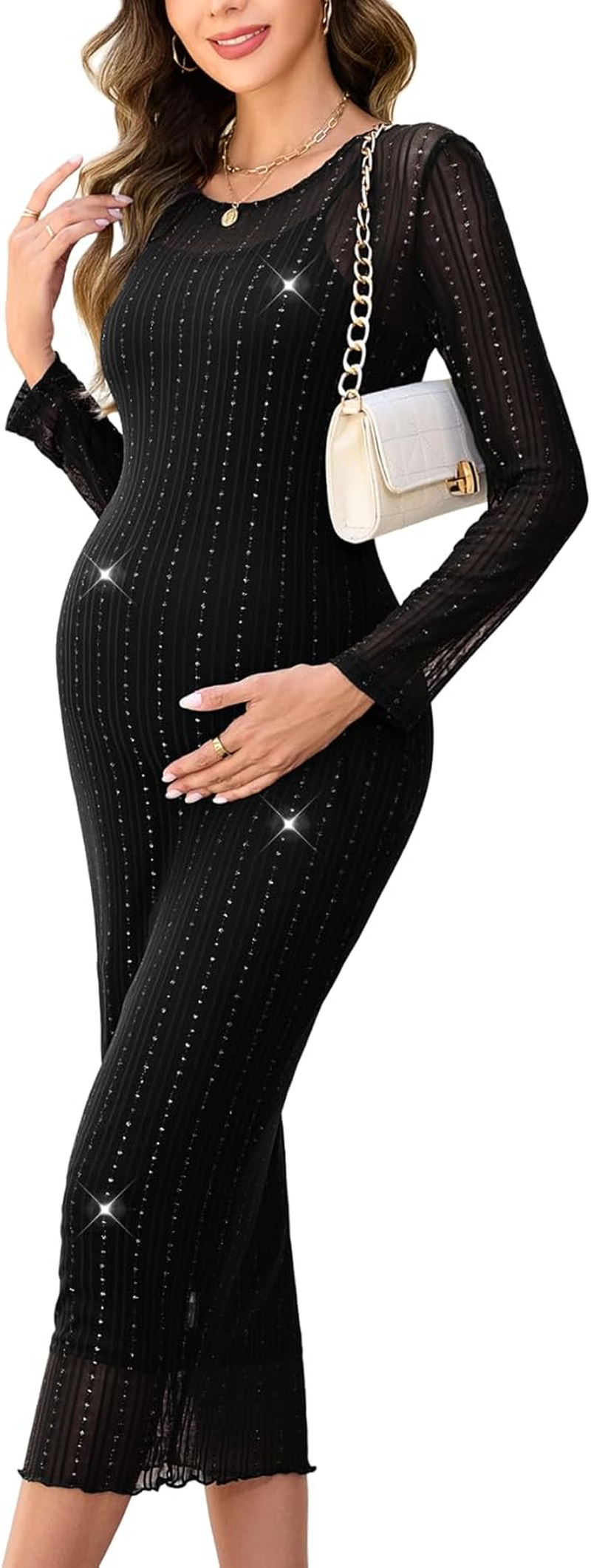 2 Piece Maternity Sparkly Mesh Dress Long Sleeve round Neck Bodycon Midi Pregnancy Dresses Baby Shower Semi Formal