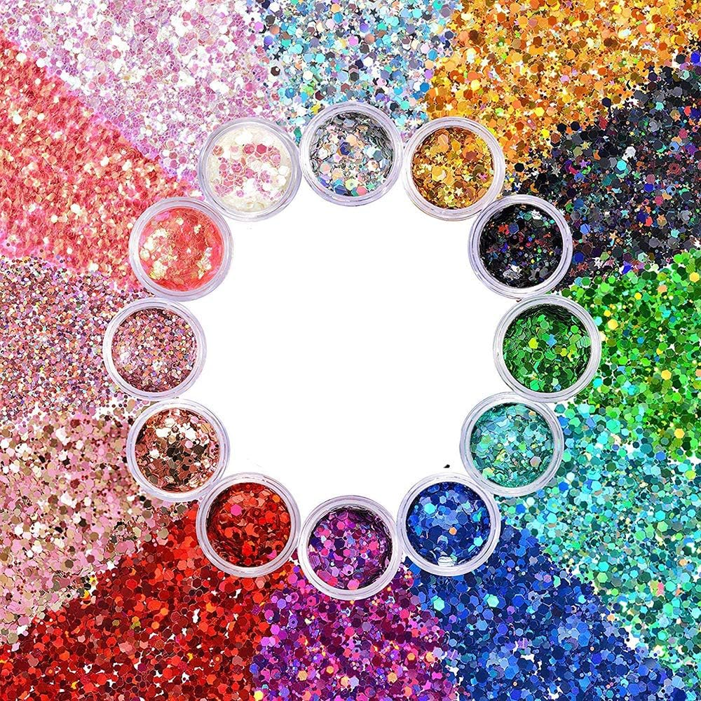12 Boxes Hexagon Shape Sequins Face Glitter Chunky Glitters Flakes Colorful for Makeup Hair Nail Art Decoration