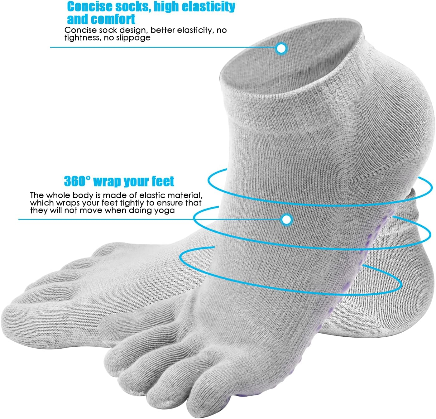 2 Pairs Anti-Slip Socks for Men and Women, Non-Slip Yoga Socks with Toes, Non-Slip Sports Socks for Home, Cotton Toe Socks for Pilates Barre Dance Hospital, Black + Gray image number 1