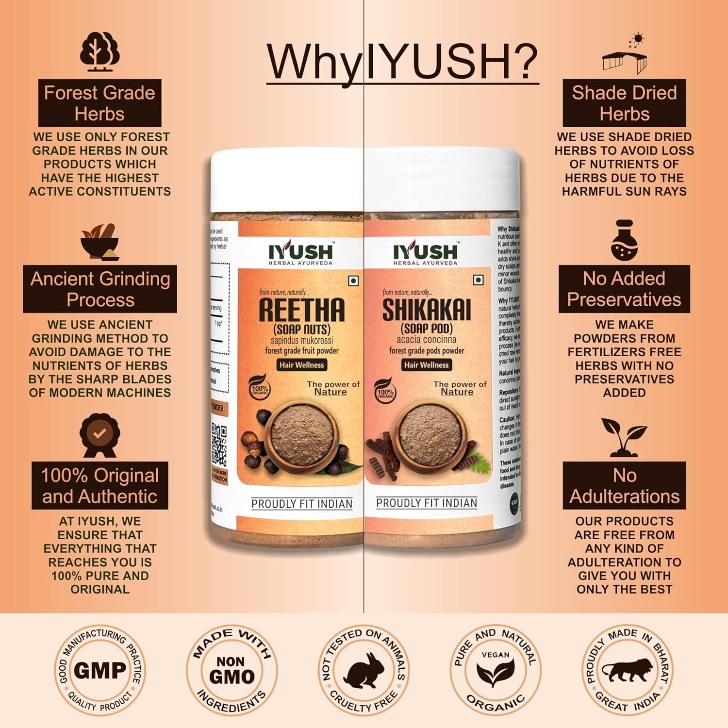 IYUSH Herbal Ayurveda Reetha Powder and Shikakai Powder for Hair Growth &ndash; 200Gm | Hair Mask for Dry and Frizzy Hair | Hair Volume Powder | Herbal Hair Wash Powder | Hair Powder | 100Gm Each image number 3