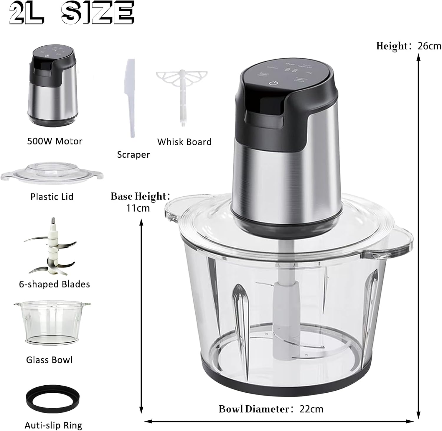 Electric Food Chopper, Touch Control 4 Mixing Modes, Glass Food Processor, 2/3L Capacity, Meat Grinder with Timer & Safety Lock, 500W Power, 4-Blade Stainless Steel Blade, Mixer/Chopper (2L) image number 5