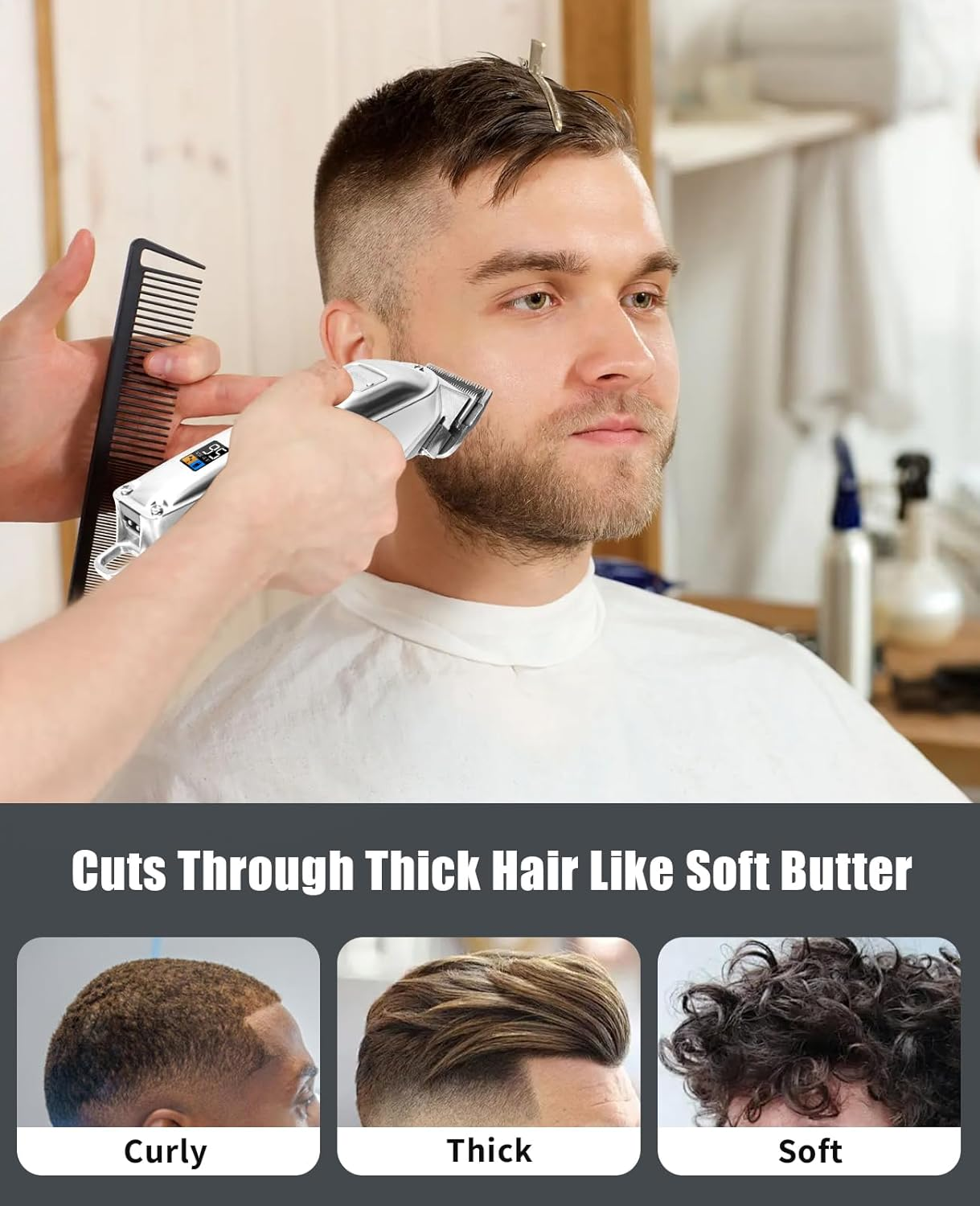 Hair Trimmer for Men, Professional Hair Clippers with 8 Guide Combs, Cordless, Rechargeable, Silver image number 1