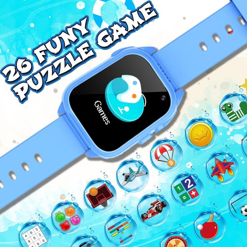 Kids Waterproof Game Watch Learning Toys with 26 Game HD Camera 1.44'' Touchscreen Pedometer Video Music Player Alarm Clock Calculator Smart Watch for Girls Boys 3-12 Years Old (Blue) image number 2