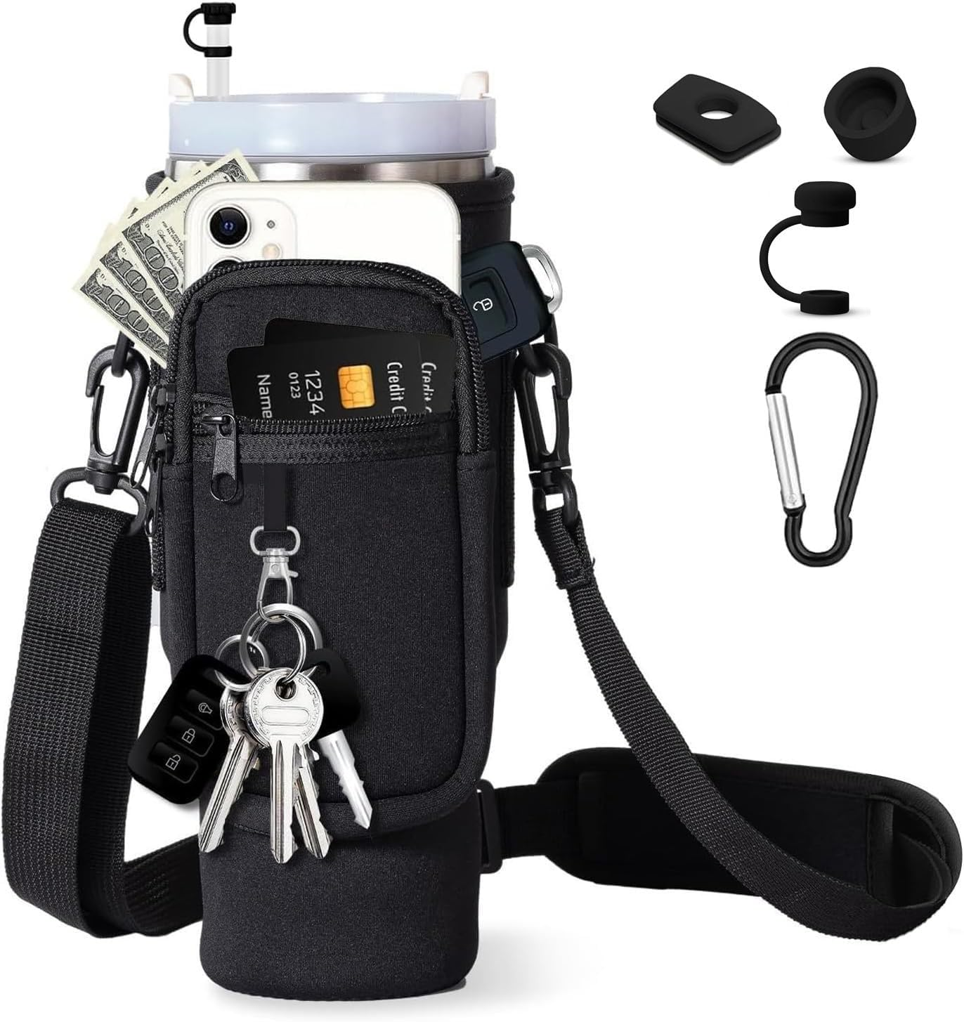 AIROLDI Bag for Stanley Cup 1.2 L / 40 Oz Stanley Cup Accessories, Water Bottle Carry Bag with Mobile Phone Pocket, Carabiner and Adjustable Shoulder Strap, for Travel, Hiking, Running, Cycling