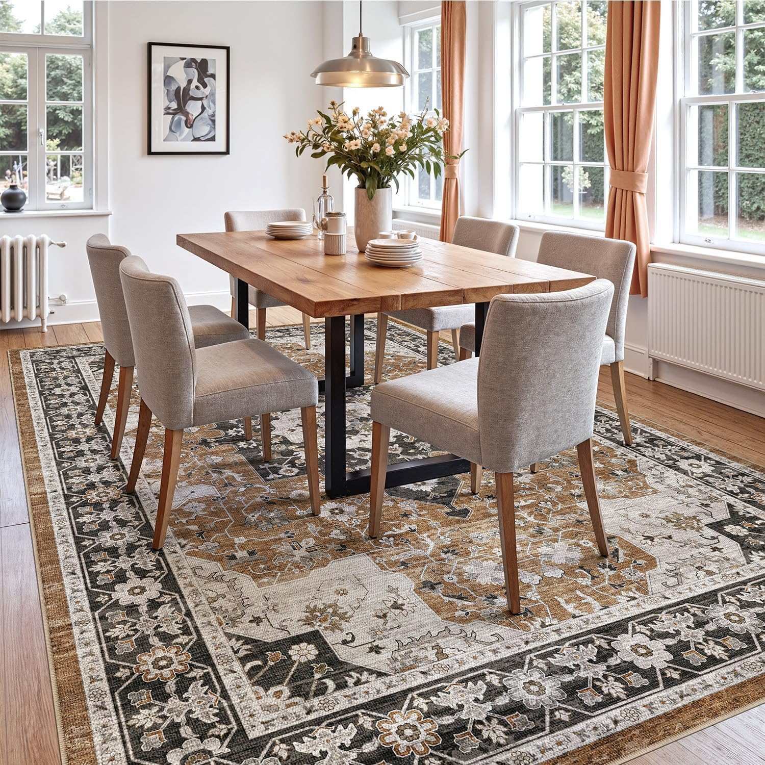 DEXI Area Rug Washable 152 X 244 Cm, Non Slip Living Room Rugs Low Pile, Soft Floral Accent Carpet for Rustic Vintage Farmhouse Bedroom Hallway Dining Hardwood Floors, Brown image number 1