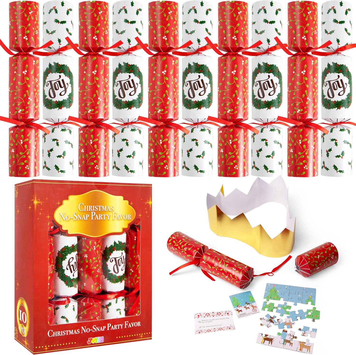 JOYIN 10 Pack 10&rdquo; Christmas Party Favor Non-Snap with Classic Design, with Party Hat, Joke & Little Gift Inside, for Xmas Gift, Christmas Seasonal Holiday Dinner Traditions image number 2