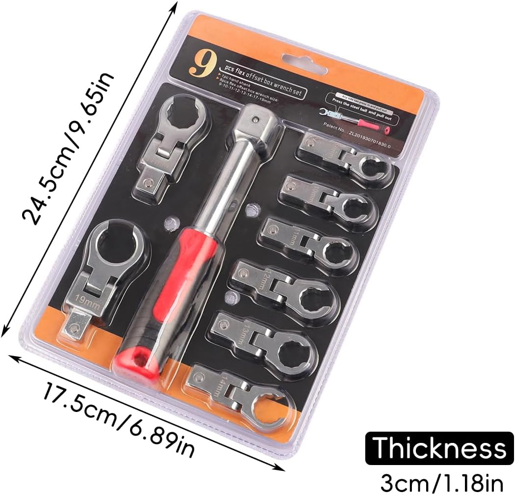 AIMALL 9-Piece Replaceable Ratchet Wrench Set - 180&deg; Rotating Swivel Pipe Wrench for Automotive Repair image number 6