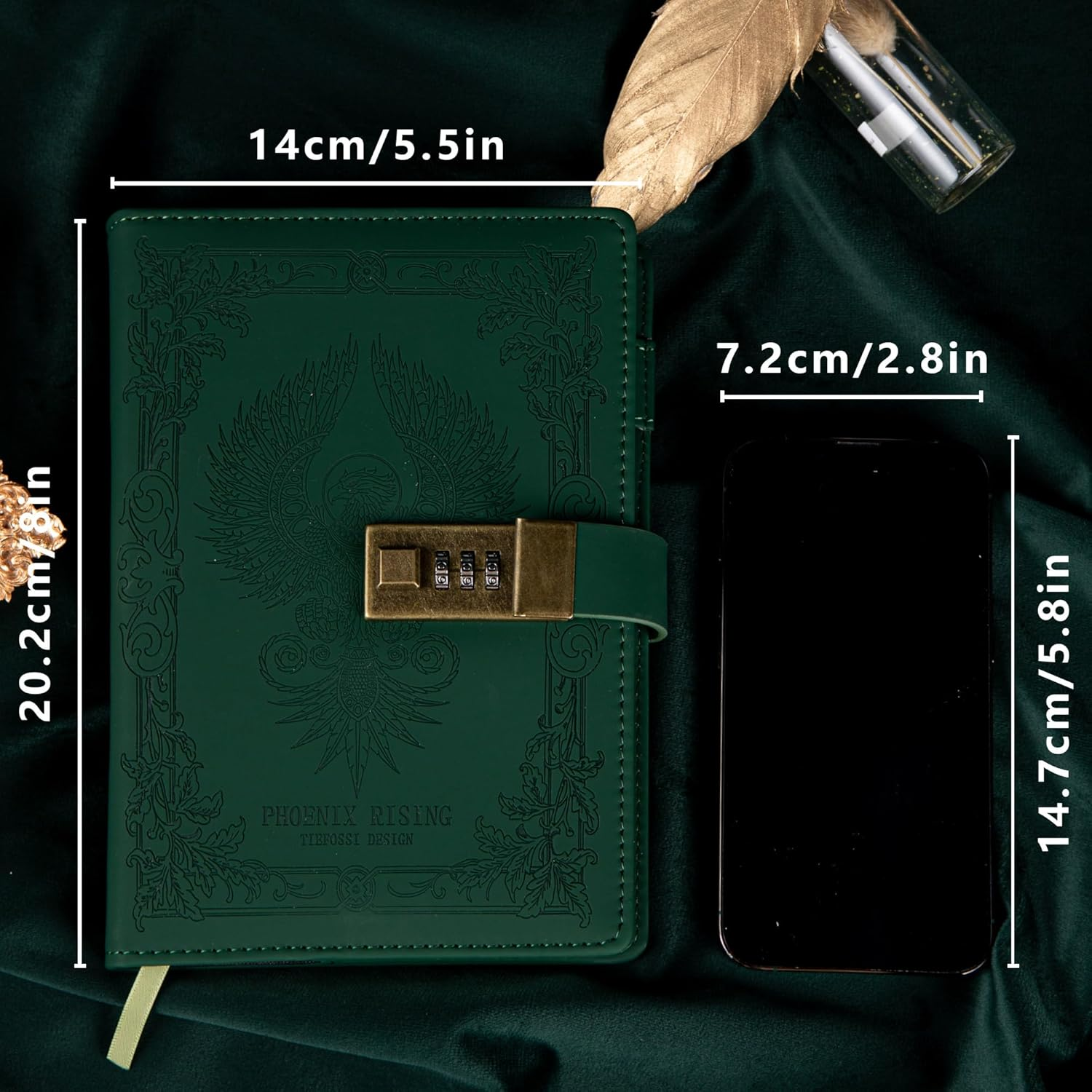 TIEFOSSI Phoenix Journal Notebook with Lock, Vintage Leather Locked Diary, B6 Travel Refillable Ruled Lined Writing Paper, Secret Password Gift Diary for Women Girls Boys (Green) image number 2