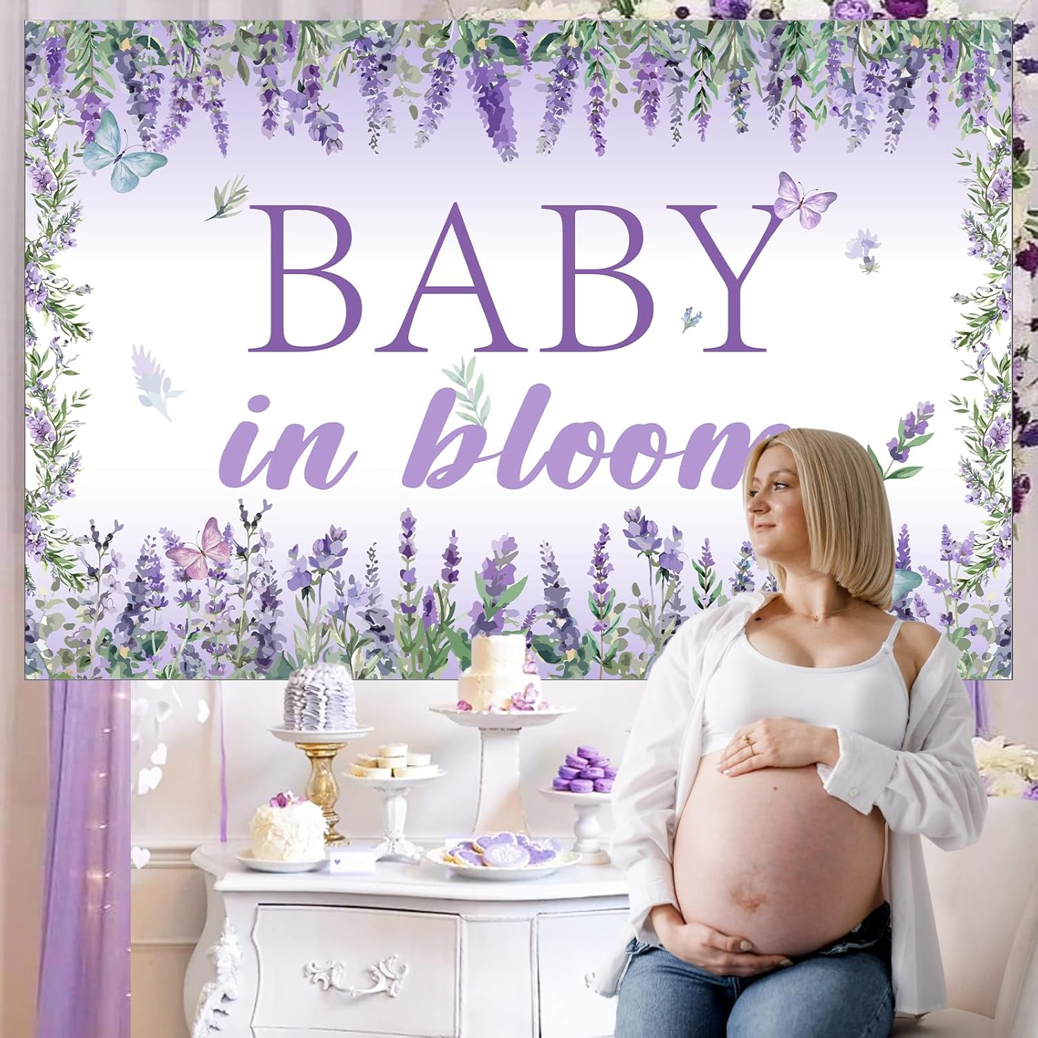 Wonmelody Baby in Bloom Baby Shower Decorations Lavender Baby Shower Backdrop 5 * 3Ft Lavender Baby Shower Decorations for Girl Purple Photo Backdrop for Violet Floral Baby Shower Party image number 3