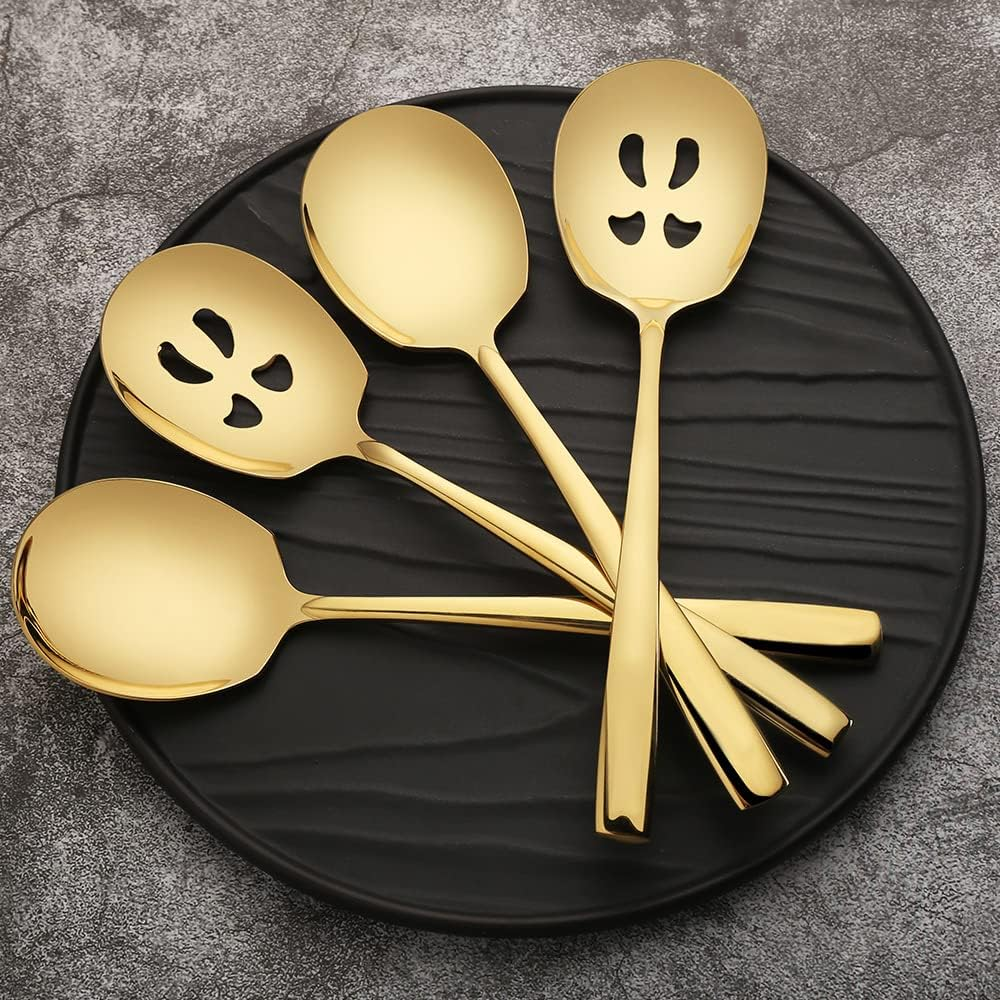 Stainless Steel Serving Spoon X 3, Slotted Serving Spoon X 3, 9.14 Inches Large Serving Utensils Set of 6 for Catering, Dishwasher Safe (Gold) image number 4