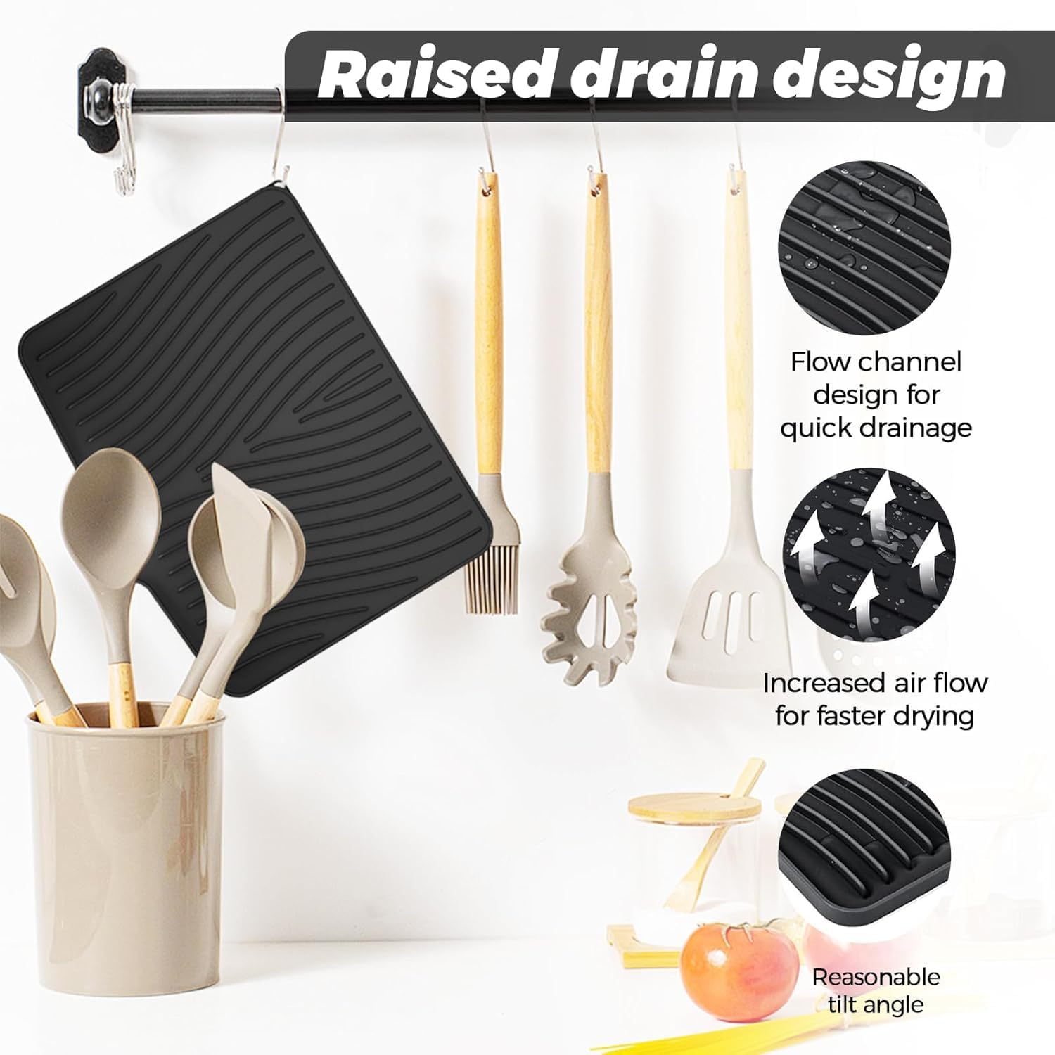 Silicone Dish Drying Mat for Kitchen Counter, Dish Drying Pad, Non-Slip Drain Pad with Built-In Drain, Heat Resistant Stone Drying Mat (Black, 15.8" X 13") image number 2