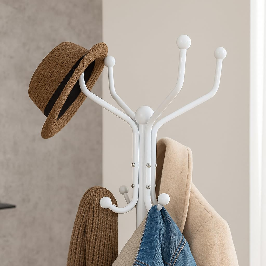 Harbour Housewares Coat Rack - White - Steel - Free-Standing Jacket Coat Stand Hat Hook Bag Hanger Tree Stand for Home Storage, Hallway, Entryway, Office