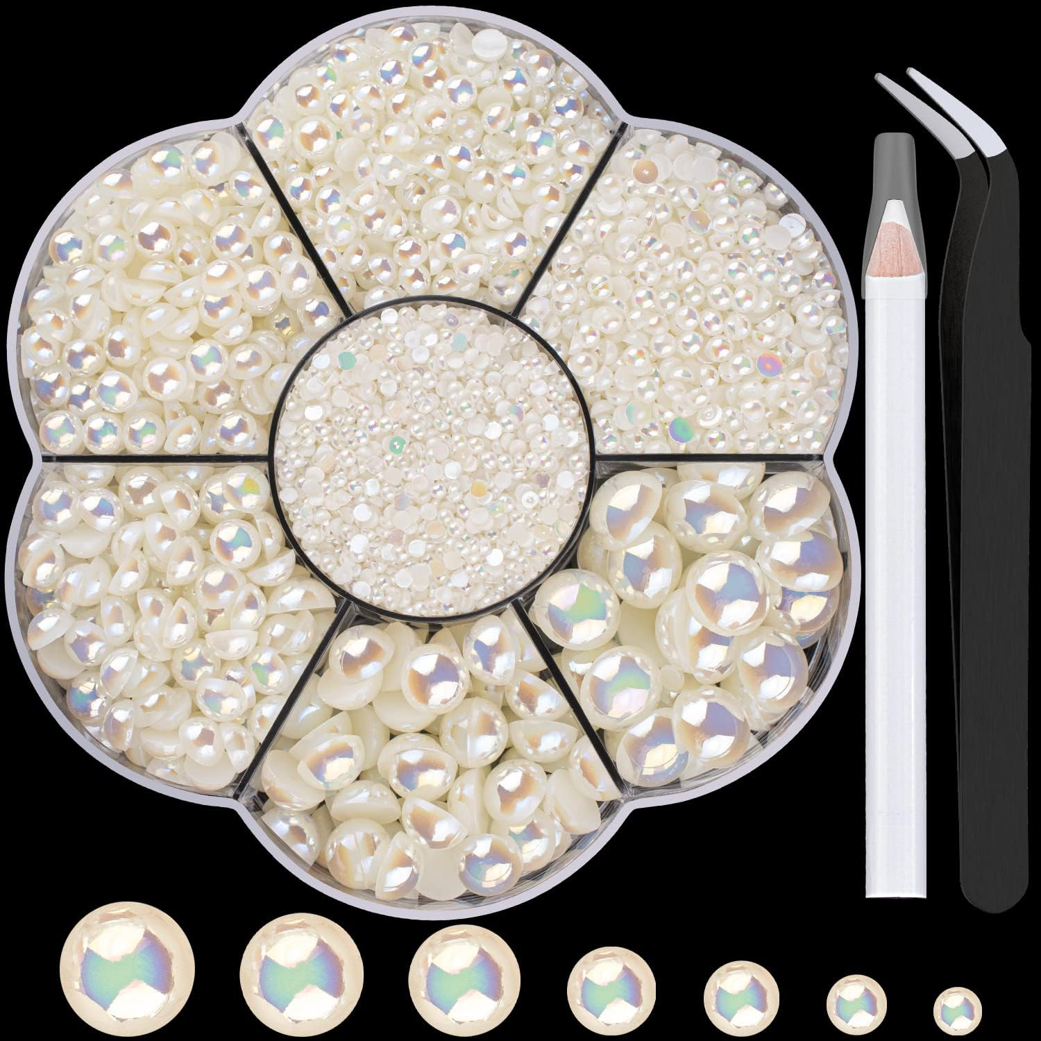 Nail Art Flat Back Half round Pearl Kits 2, 1 Box of 5600 Pcs Flat-Back Beige AB Pearl with Tweezer and Picker Pencil for Home DIY Nails Body Face Craft and Salon Use image number 2