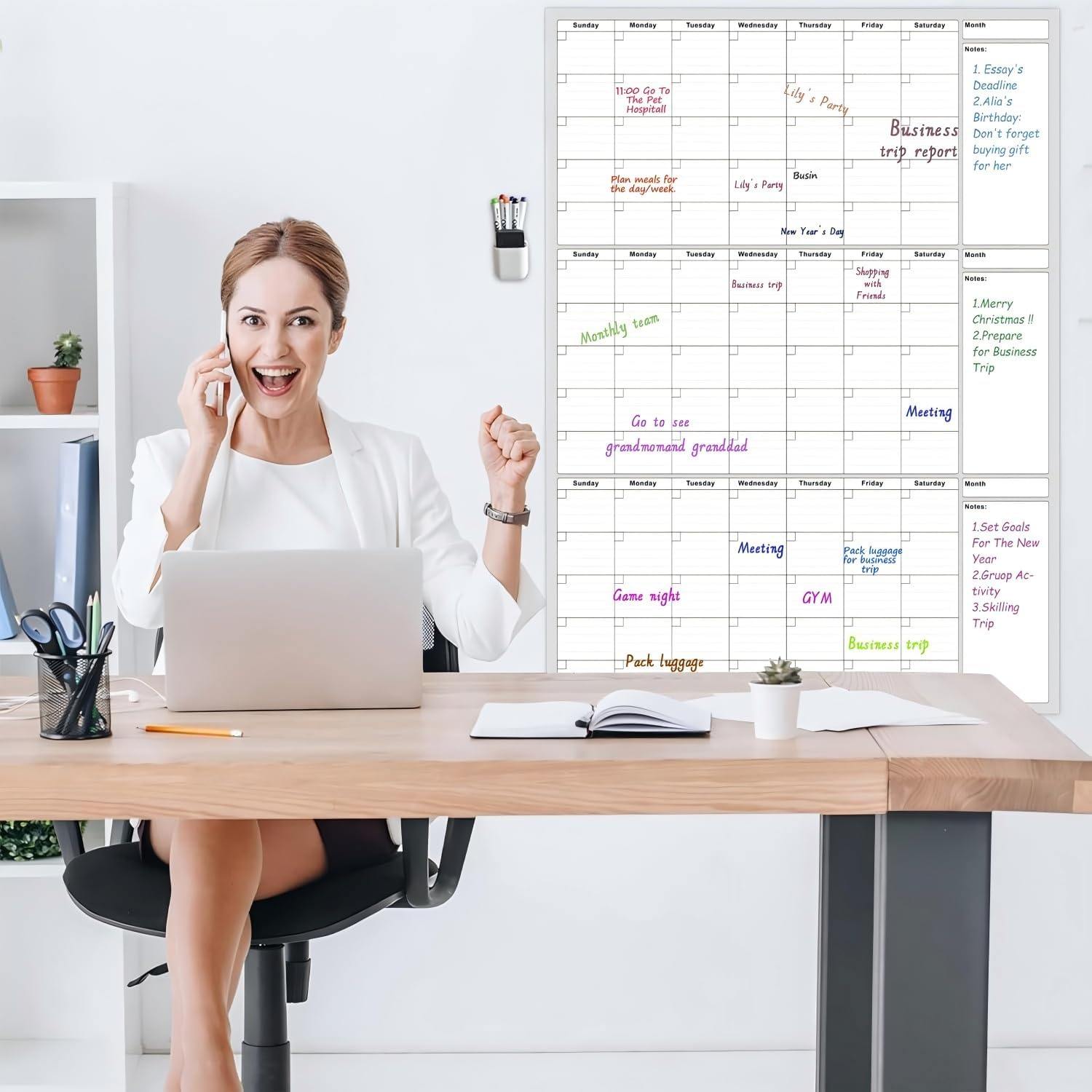 Large Dry Erase Calendar - Undated 3 Monthly Wall Calendar Laminated, 48" X 32", Blank Reusable Calendar Planner with Large Daily Boxes, Notes, Stickers, Great for Home, Office, Classroom, Grey image number 6