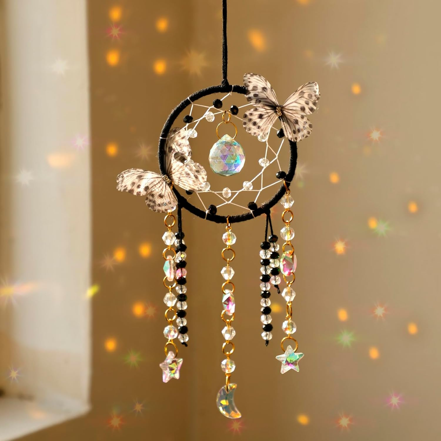 Artilady Dream Catcher for Girls - White Butterfly Small Moon Dream Catchers with Crystals Cute Room Decor for Teen Girls Boys Boho Bedroom Wall Home Decorations Birthday Christmas Women Gifts