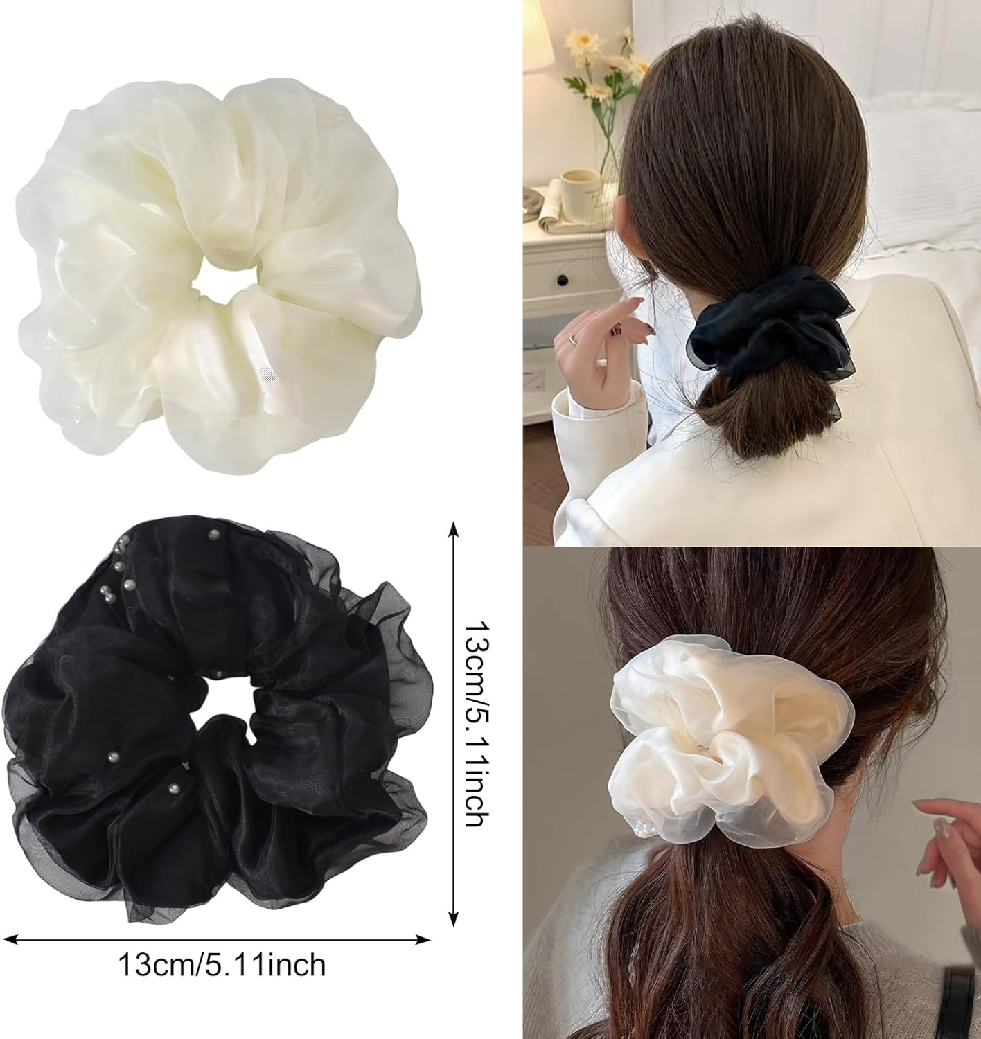 Pack of 4 Large Women'S Hair Bobbles, Hair Ties Made of Organza, Ponytail Holder Hair Band, Chiffon Hair Bands, Ponytail Holder Hair Band, for Women and Girls image number 5